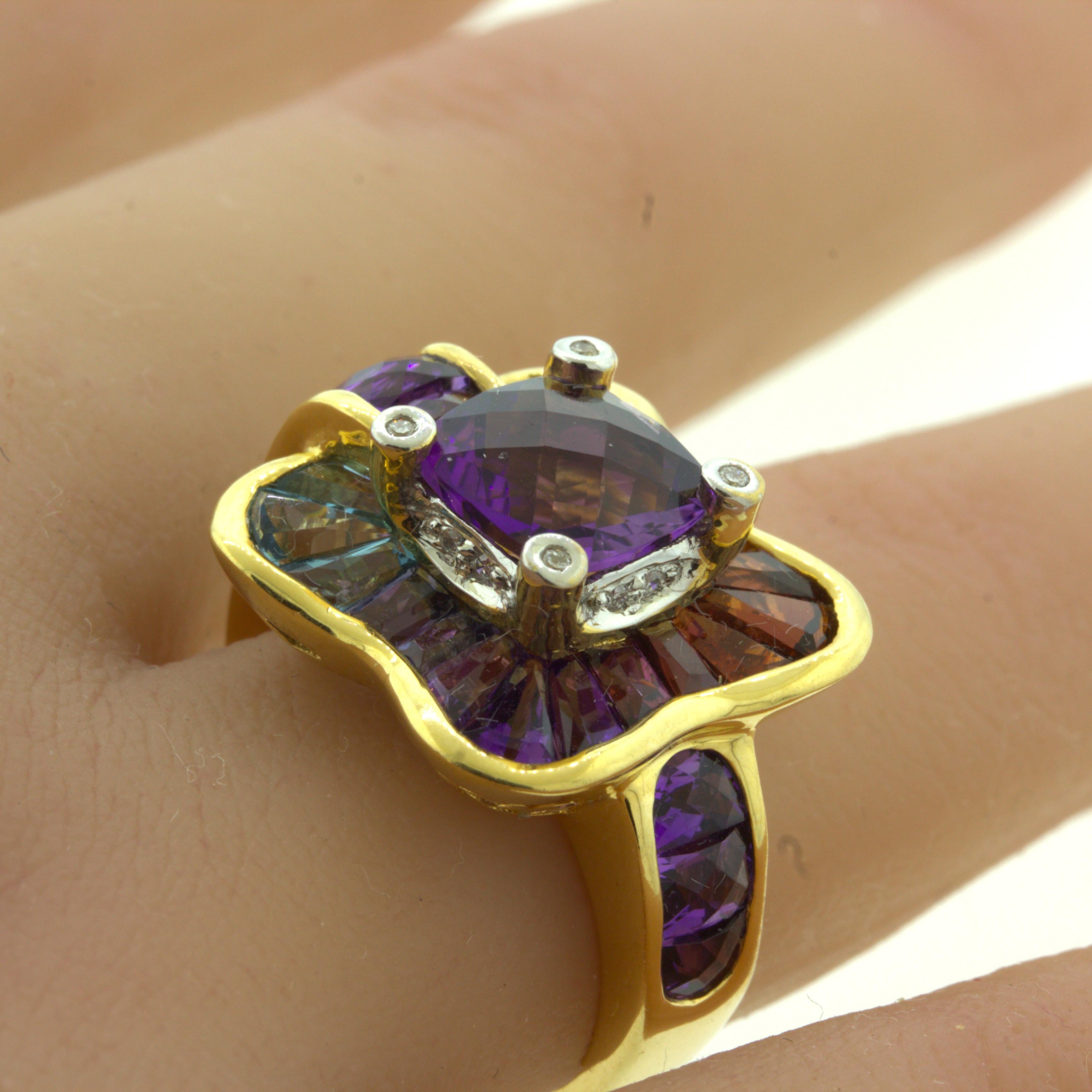 Women's Bellarri Amethyst Diamond Multi-Color Gemstone 18k Yellow Gold Ring For Sale