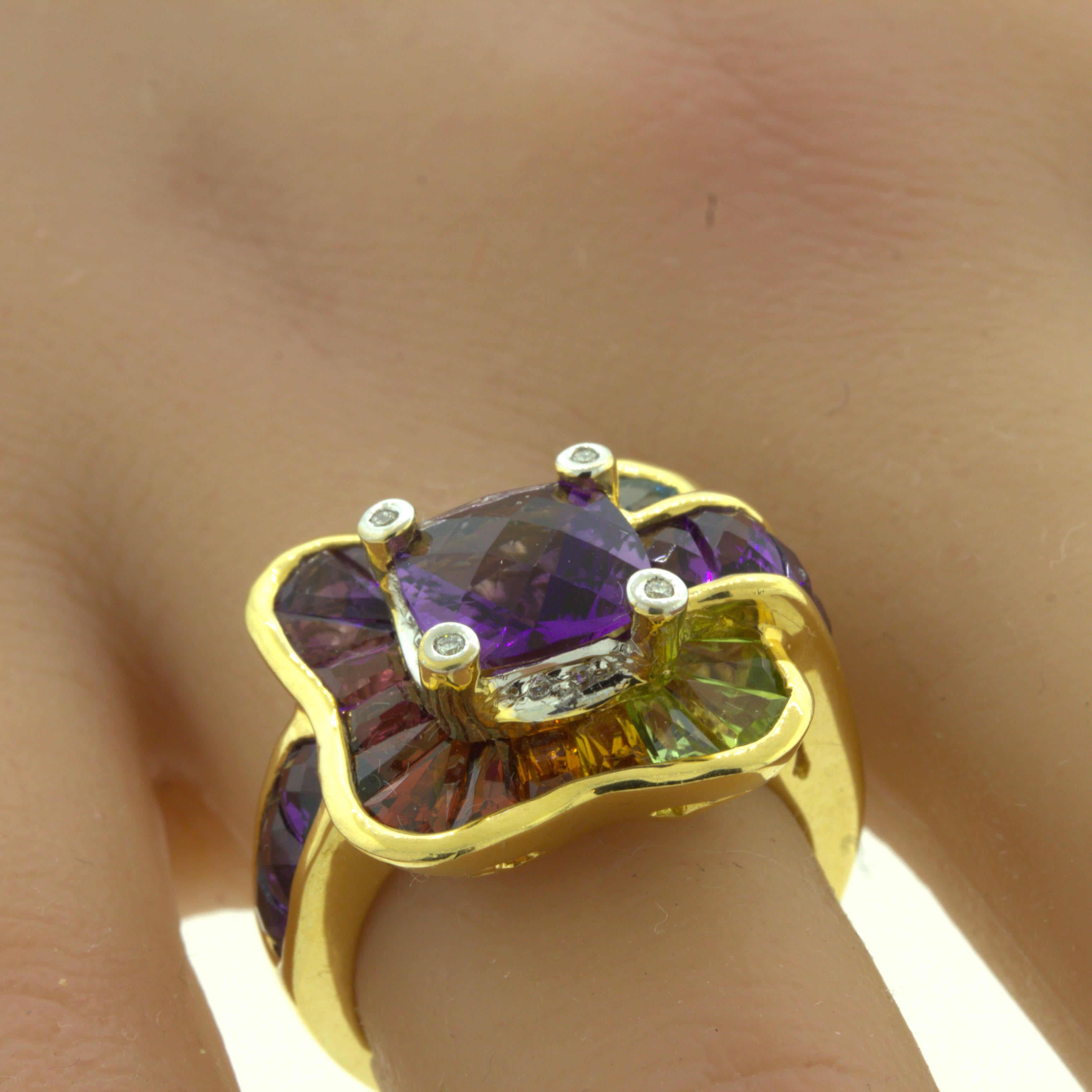 Bellarri Amethyst Diamond Multi-Color Gemstone 18k Yellow Gold Ring For Sale 2