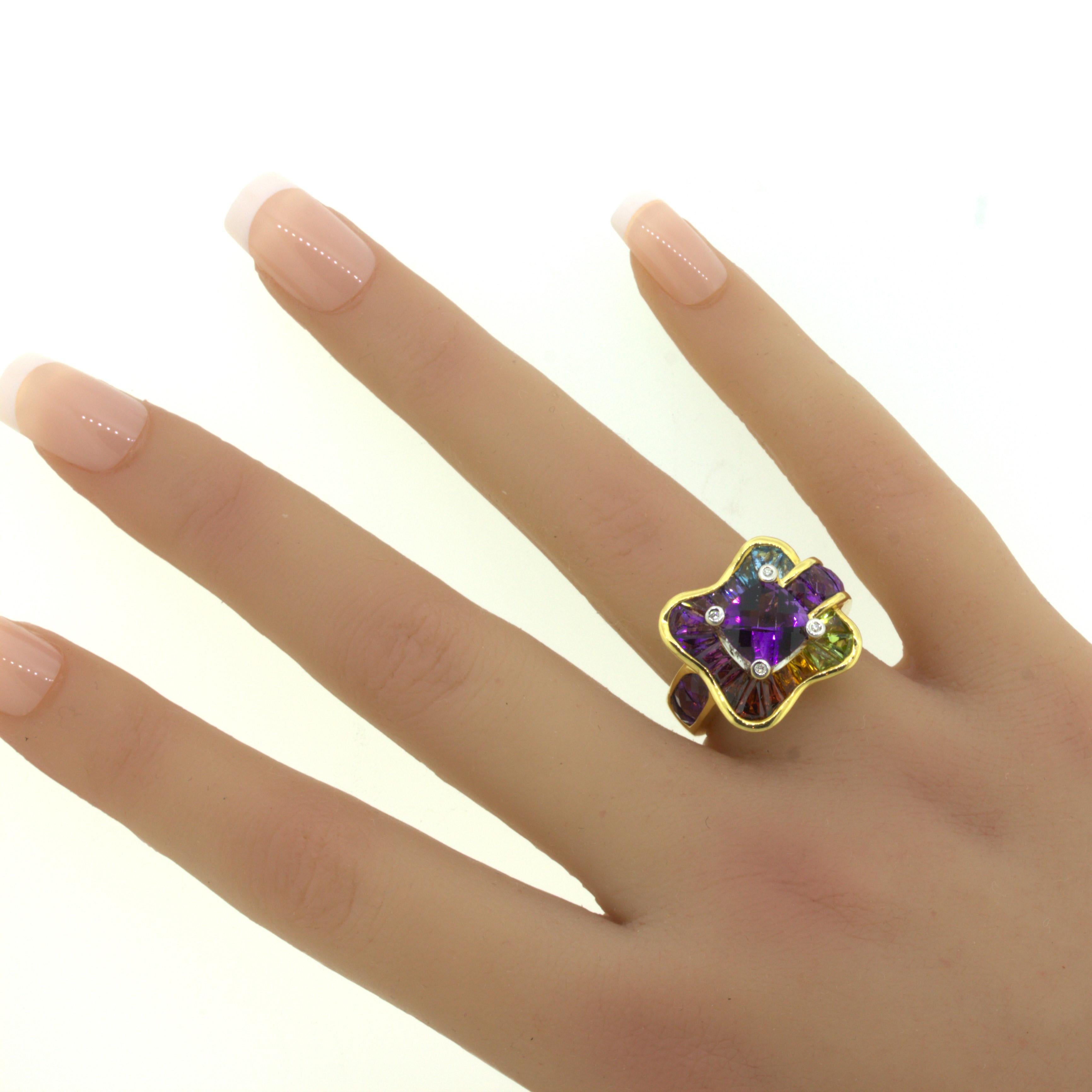 Bellarri Amethyst Diamond Multi-Color Gemstone 18k Yellow Gold Ring For Sale 4