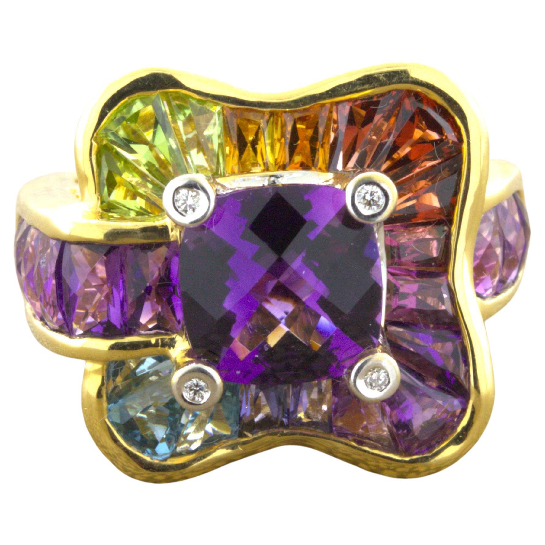 Bellarri Amethyst Diamond Multi-Color Gemstone 18k Yellow Gold Ring