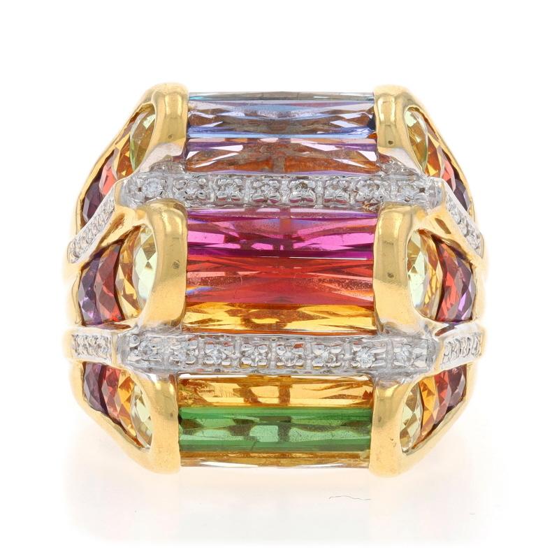 Talla: 8

Marca: Bellarri

Contenido de metal: Oro amarillo de 18 quilates

Información sobre Stone

Amatista

Granate

Citrino
Tratamiento: Calentamiento
Nota sobre la piedra: la piedra rectangular está agrietada pero