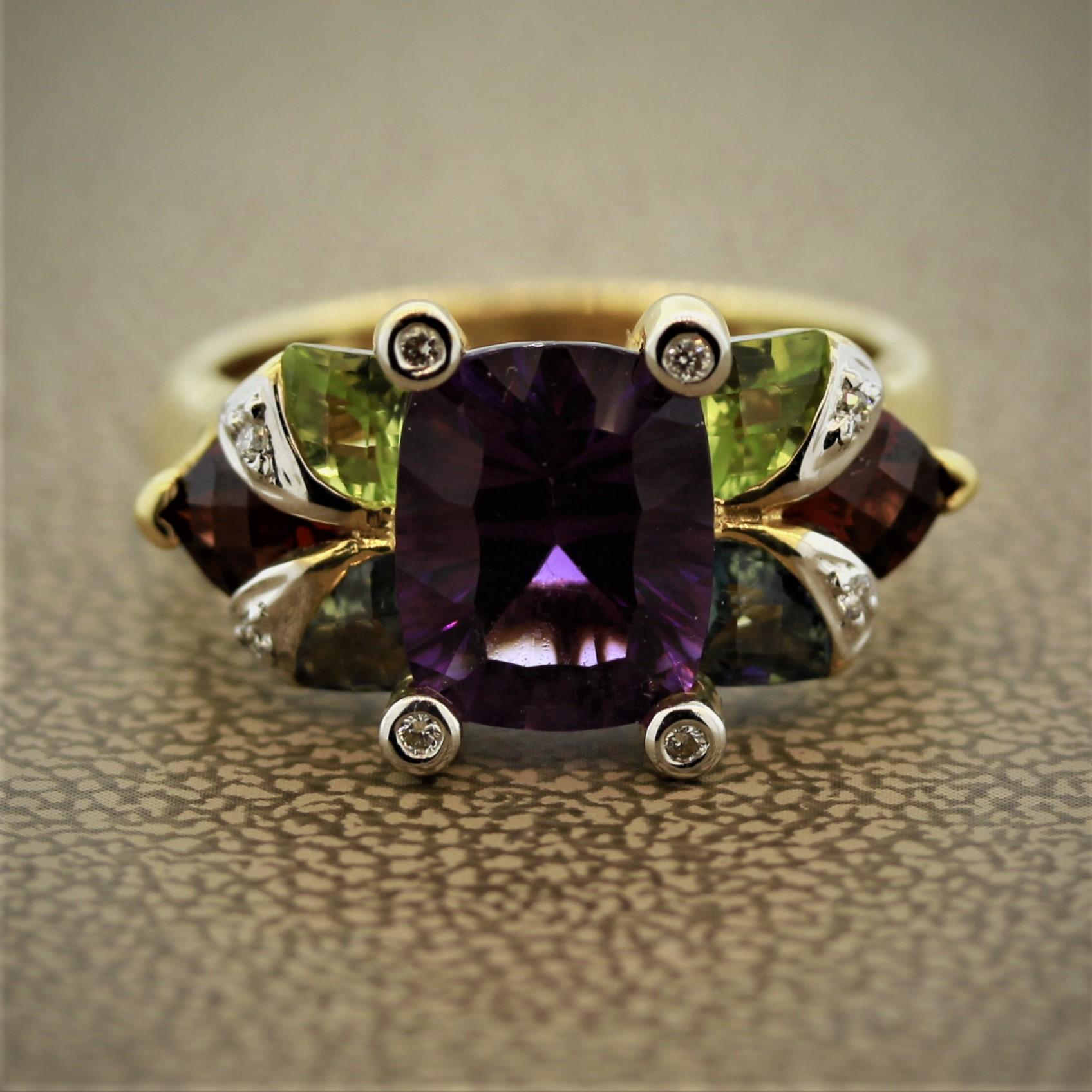 An original work of art from Italian designer Bellarri. It features a 2.50 carat amethyst as the center stone with a unique cutting style making it appear as if rays of purple light are radiating from its center. It is accented by an additional 2.46