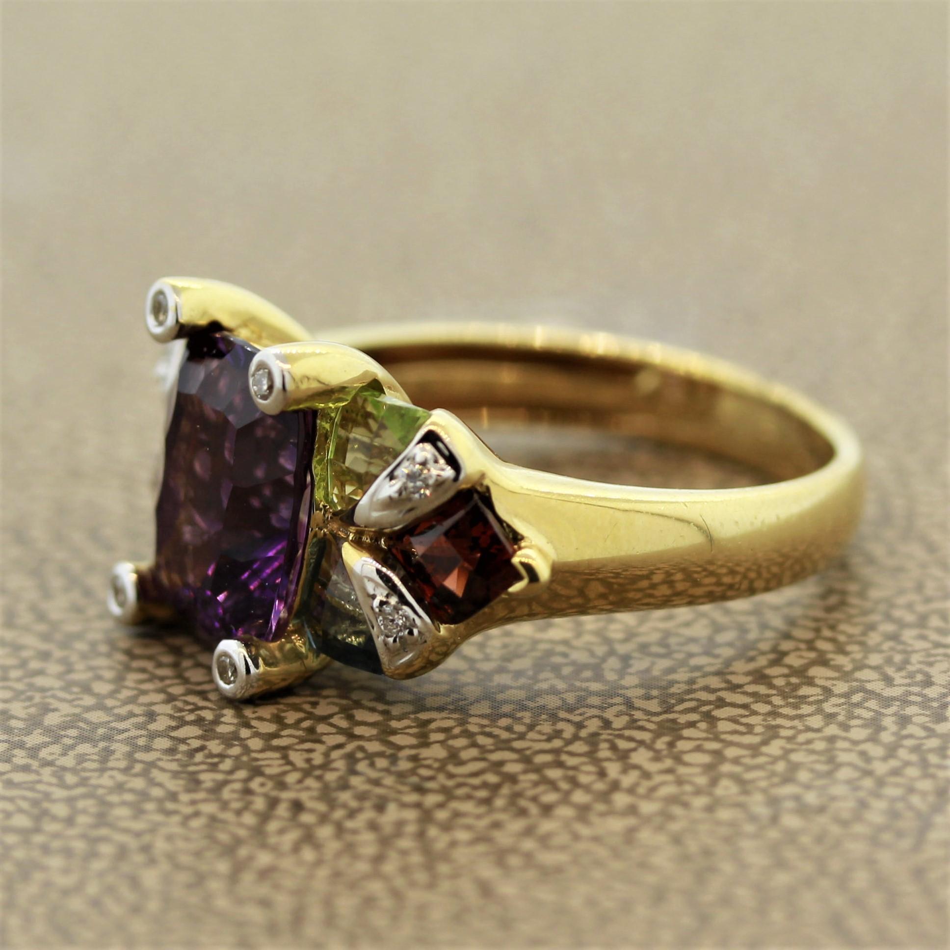 Mixed Cut Bellarri Amethyst Multi-Color Gemstone Diamond Gold Ring