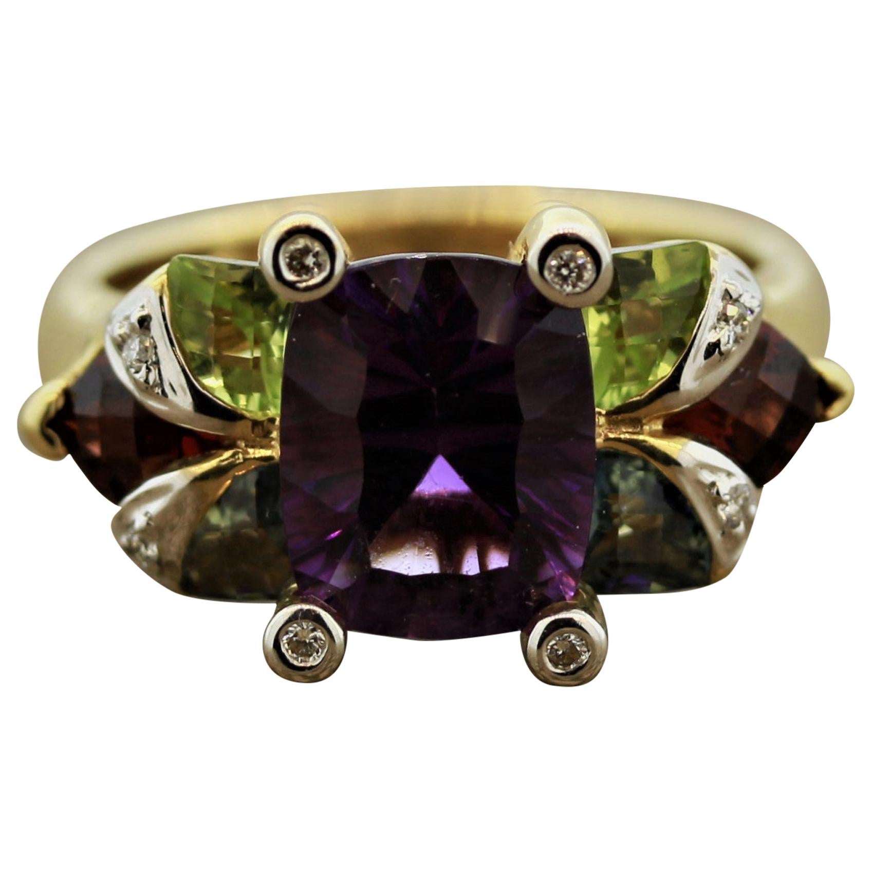 Bellarri Amethyst Multi-Color Gemstone Diamond Gold Ring