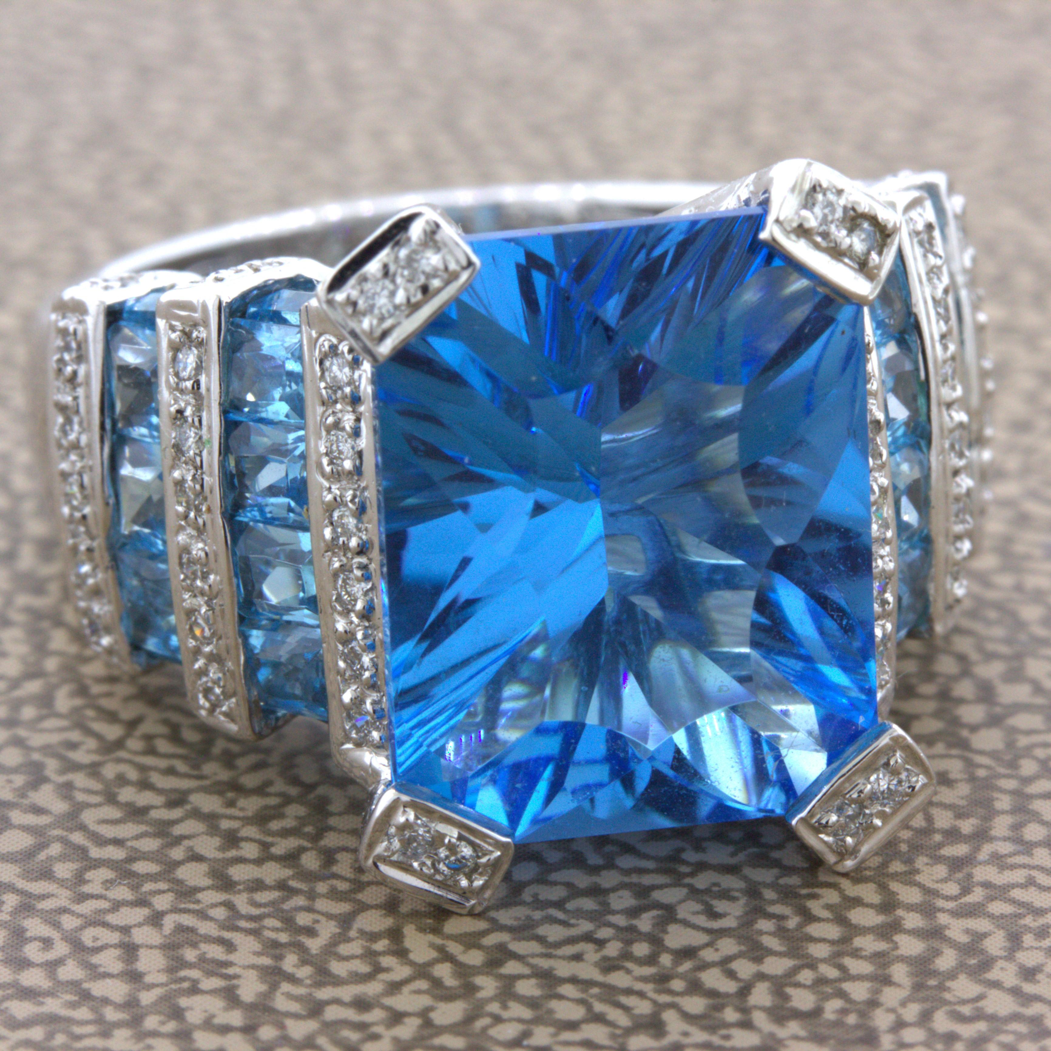 A beautiful original piece by designer Bellarri, this ring features a fantasy-cut blue topaz in its center. The topaz weighs over 10 carats and radiates brilliance and extra fire due to the unique fantasy cutting. It is complemented by 0.20 carats