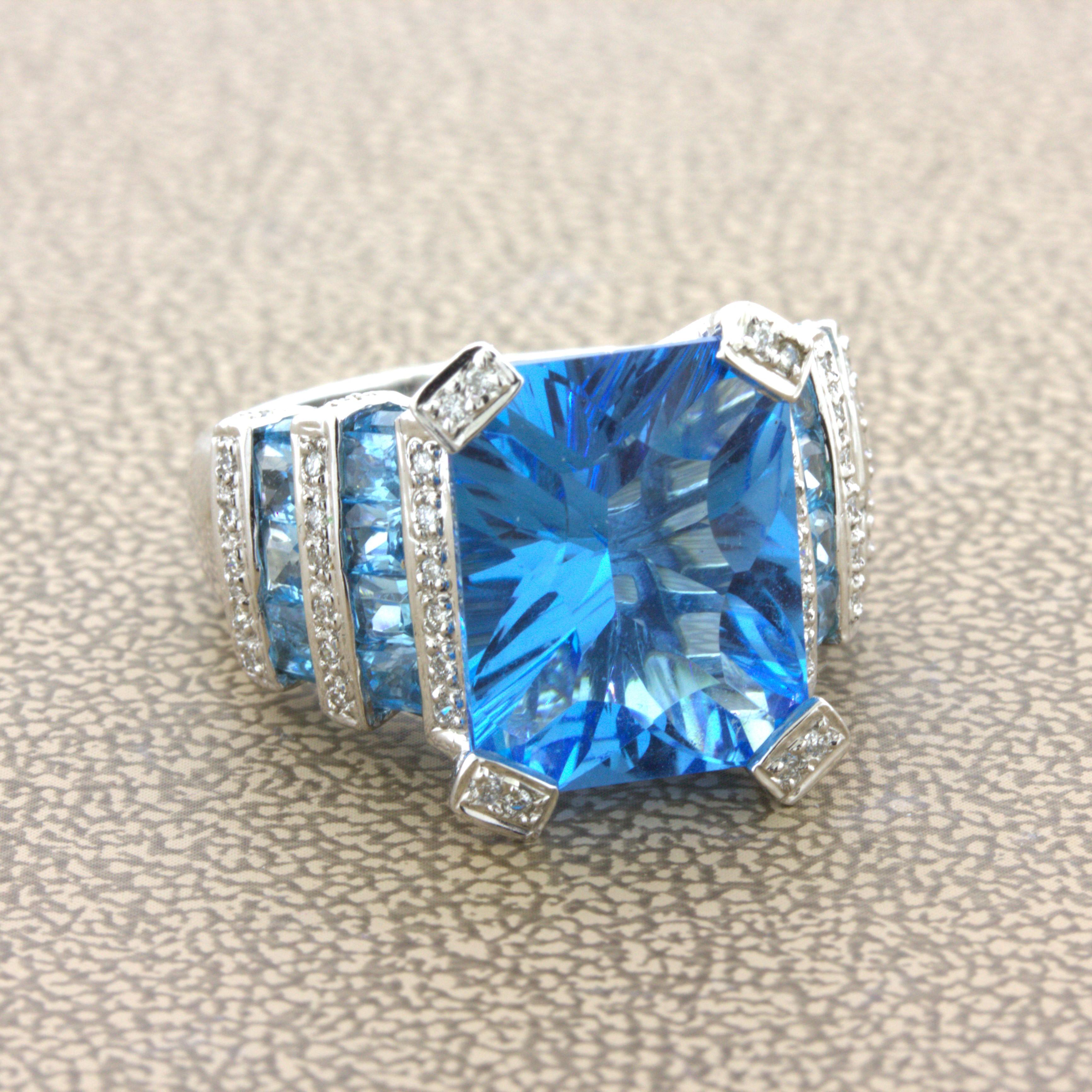Cushion Cut Bellarri Blue Topaz Diamond 18K White Gold Ring For Sale