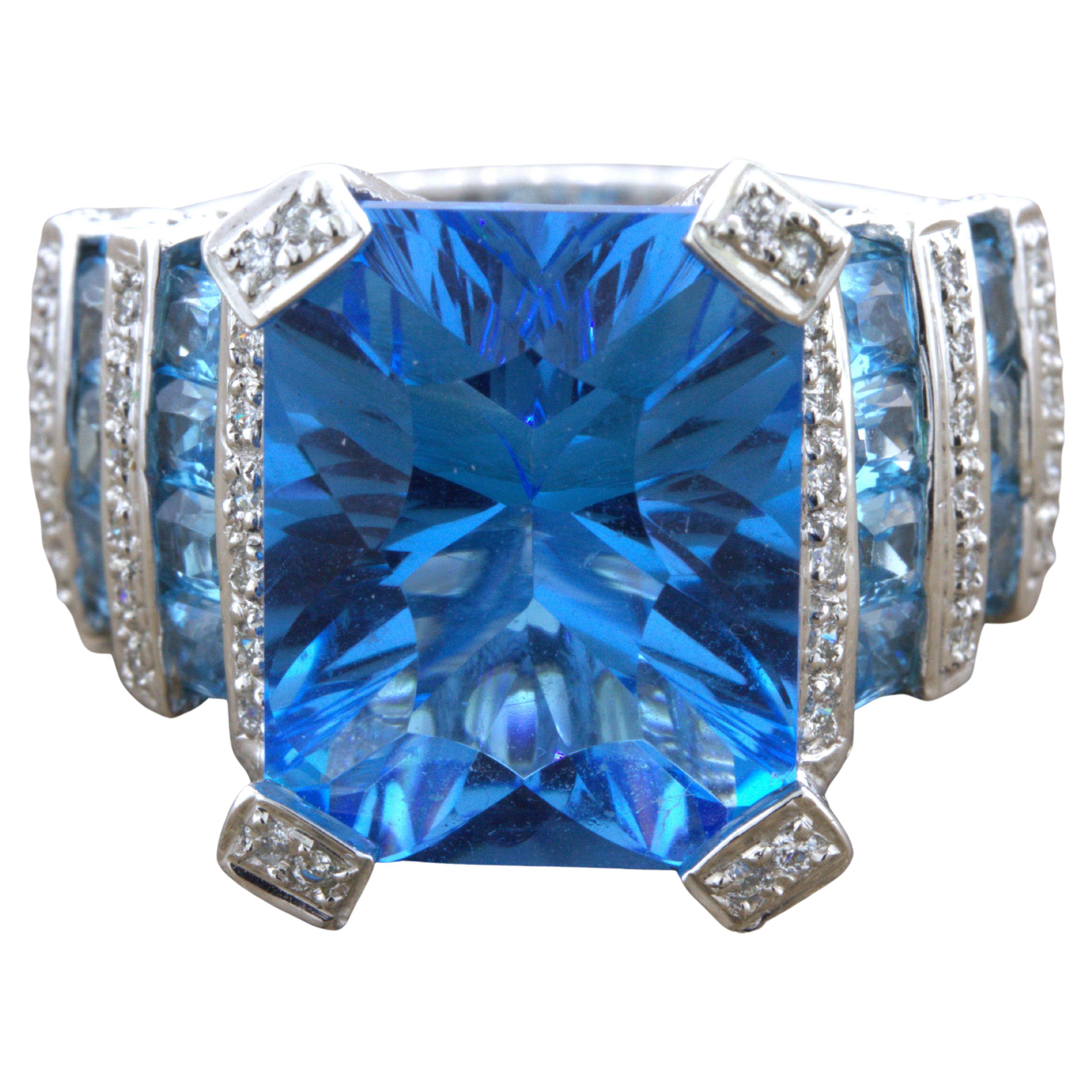 Bellarri Blue Topaz Diamond 18K White Gold Ring For Sale