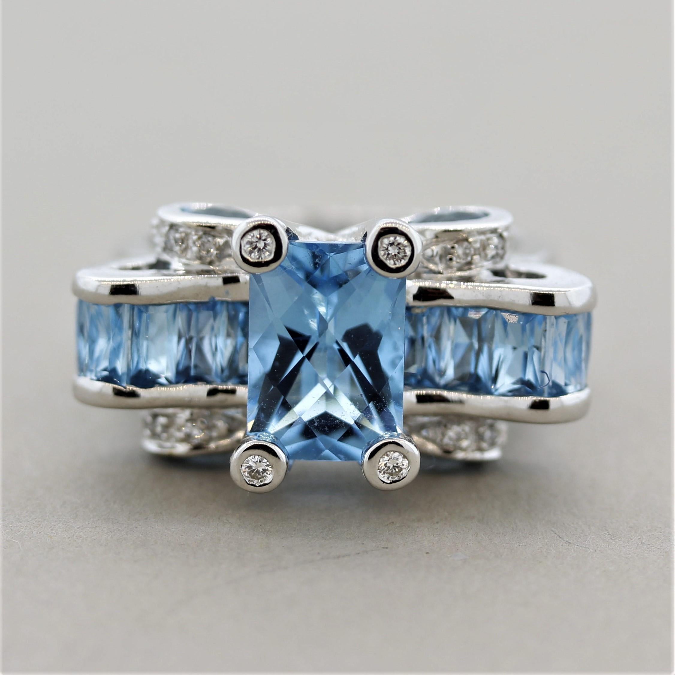 An original piece by Bellarri, it features 6.40 carats of bright Swiss blue topaz. They are accented by 0.09 carats of round brilliant cut diamonds which add brilliance and sparkle to the piece. Made in 18k white gold and ready to be your new