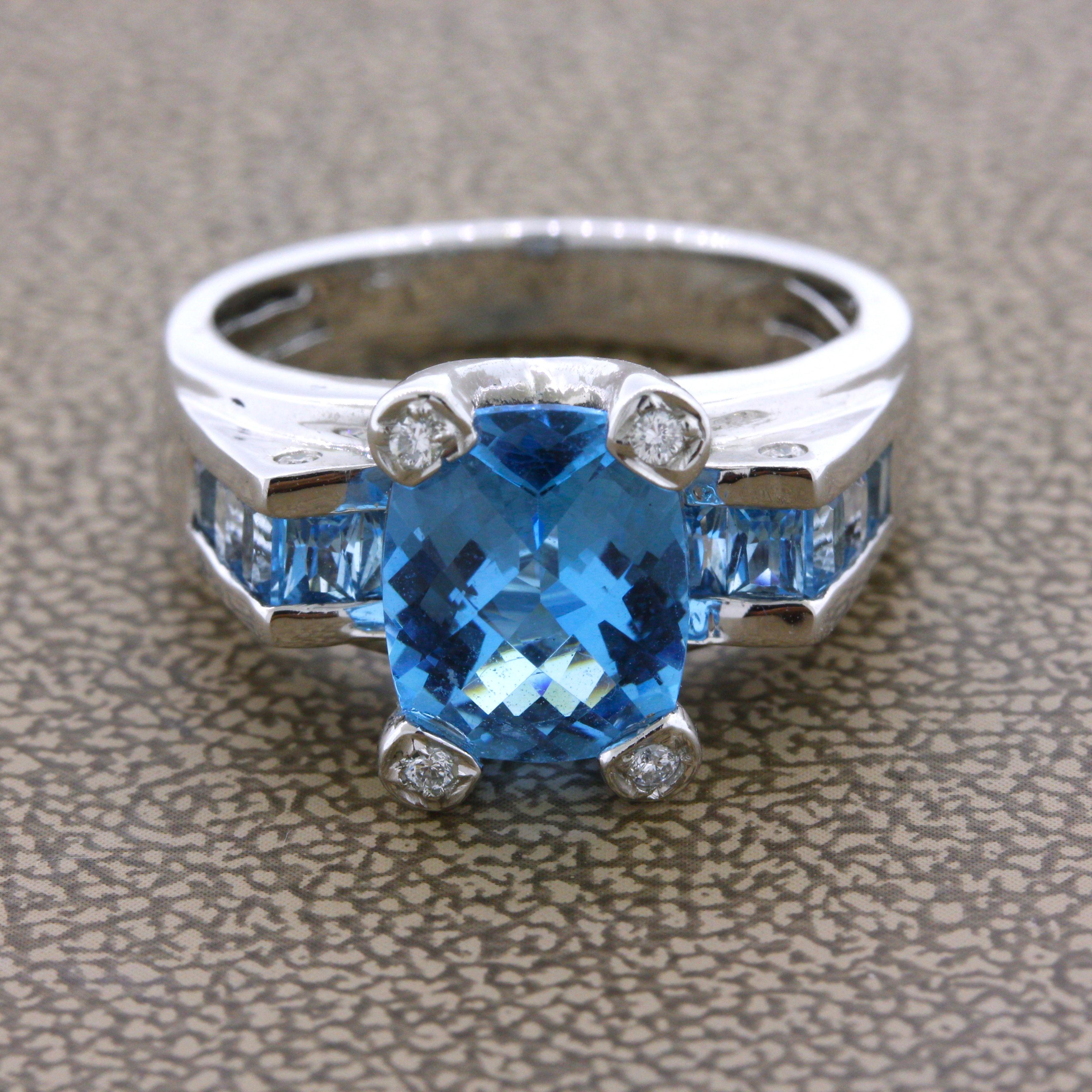 A lovely piece by designer Bellarri, featuring 4.65 carats of blue topaz and 0.07 carats of round diamonds adding brilliance and sparkle to the piece. The center topaz has a lovely rose-cut adding to the style of the ring. Made in 18k white gold and
