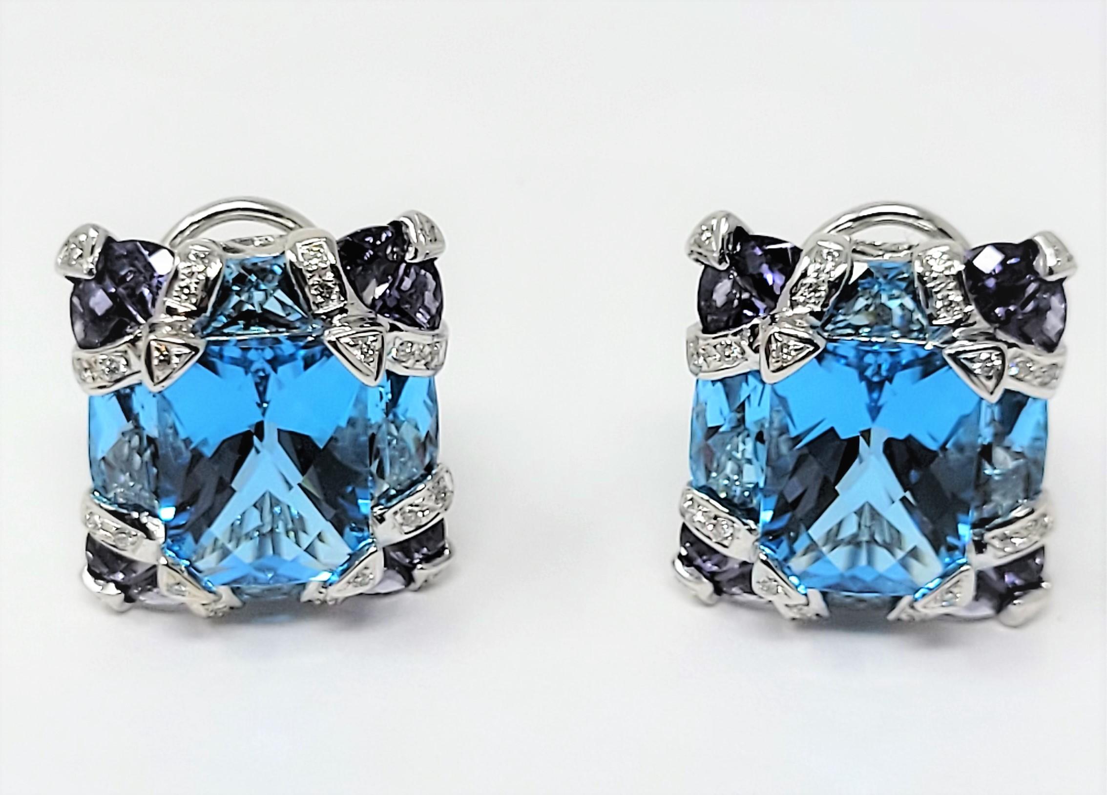 Bellarri blue topaz earrings dazzle with iolite and diamond accents in 18 karat white gold.  Versatile backs make them easy to wear as clip ons, or with pierced ears!