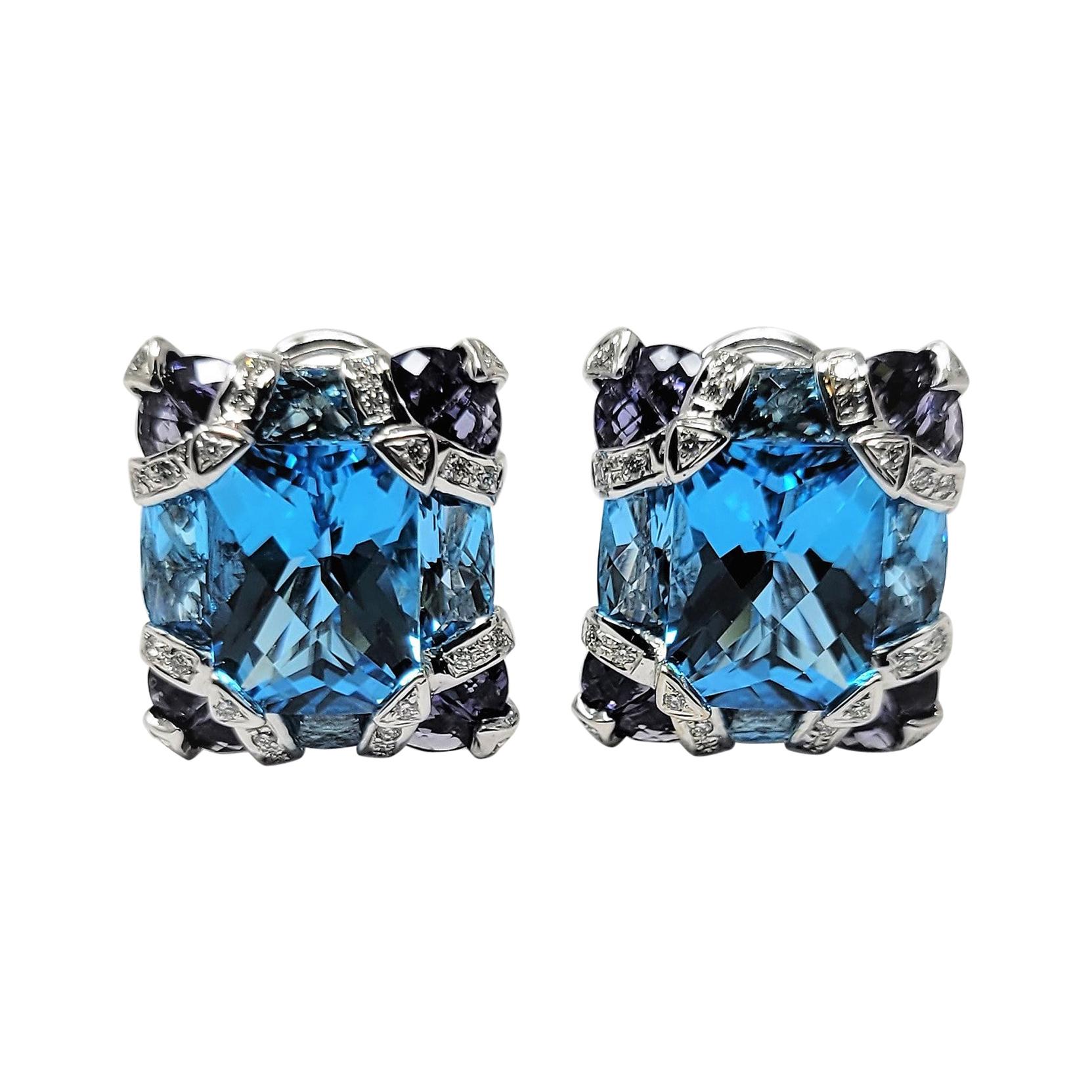 Bellarri Blue Topaz Iolite Diamond Earrings For Sale