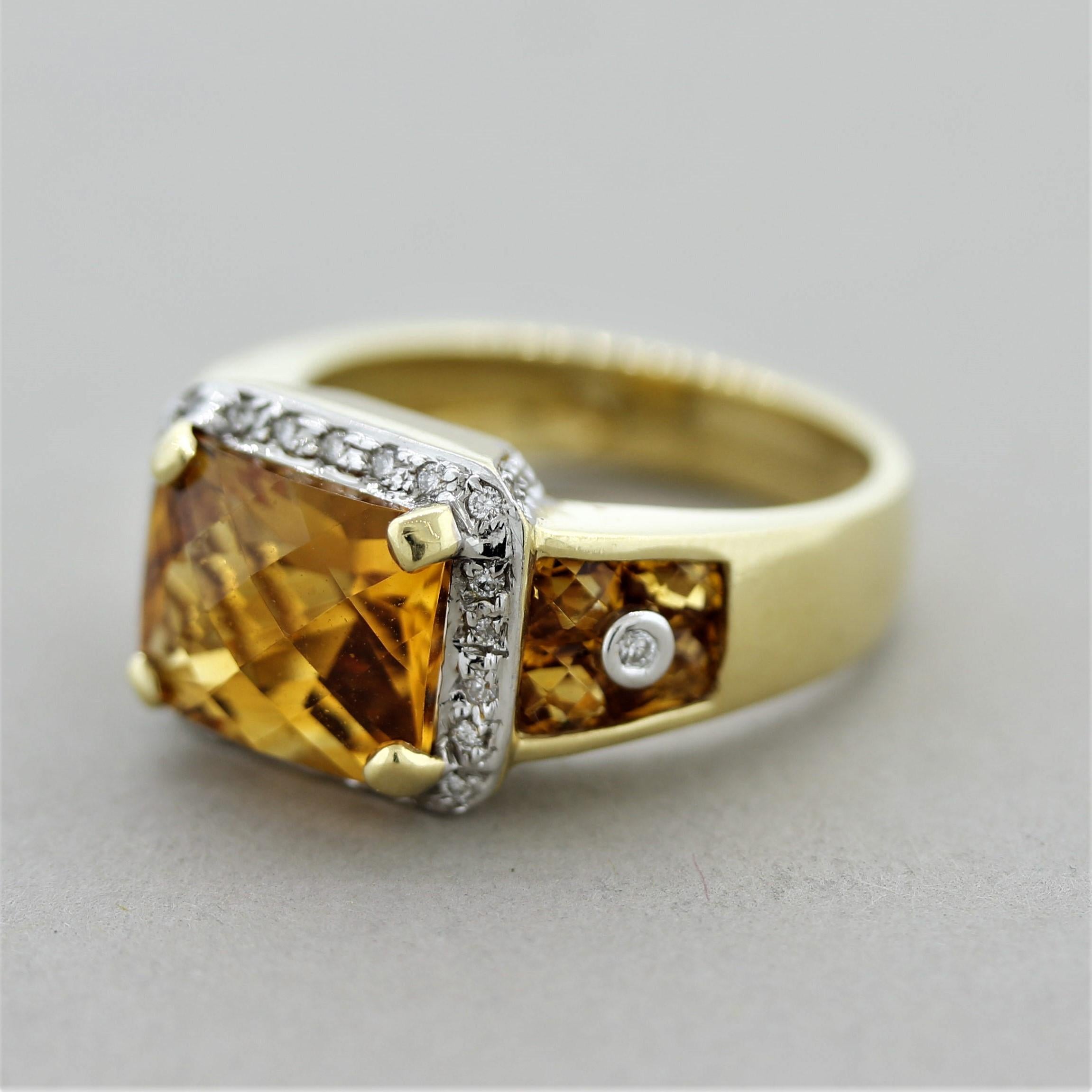 An original piece by Bellarri, this ring features 4.67 carats of bright orange citrine. They are rose-cut and are accented by 0.21 carats of round brilliant-cut diamonds. Made in 18k yellow gold and ready to be worn.

Ring Size 7 