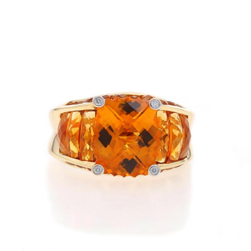 Size: 8

Brand: Bellarri

Metal Content: 18k Yellow Gold

Stone Information

Natural Citrine
Treatment: Heating
Cut: Cushion Checkerboard Scalloped Edge
Color: Orange
Stone Note: (solitaire)

Natural Citrines
Treatment: Heating
Cut: Rectangular