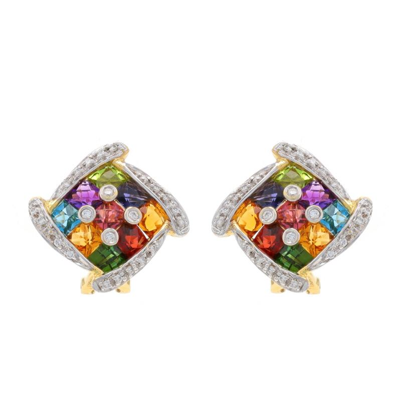 Brand: Bellarri

Metal Content: 18k Yellow Gold & 18k White Gold

Stone Information
Natural Citrines
Treatment: Heating
Cut: Square Checkerboard
Color: Orange

Natural Iolites
Cut: Square Checkerboard
Color: Purple

Natural Peridot
Cut: Square