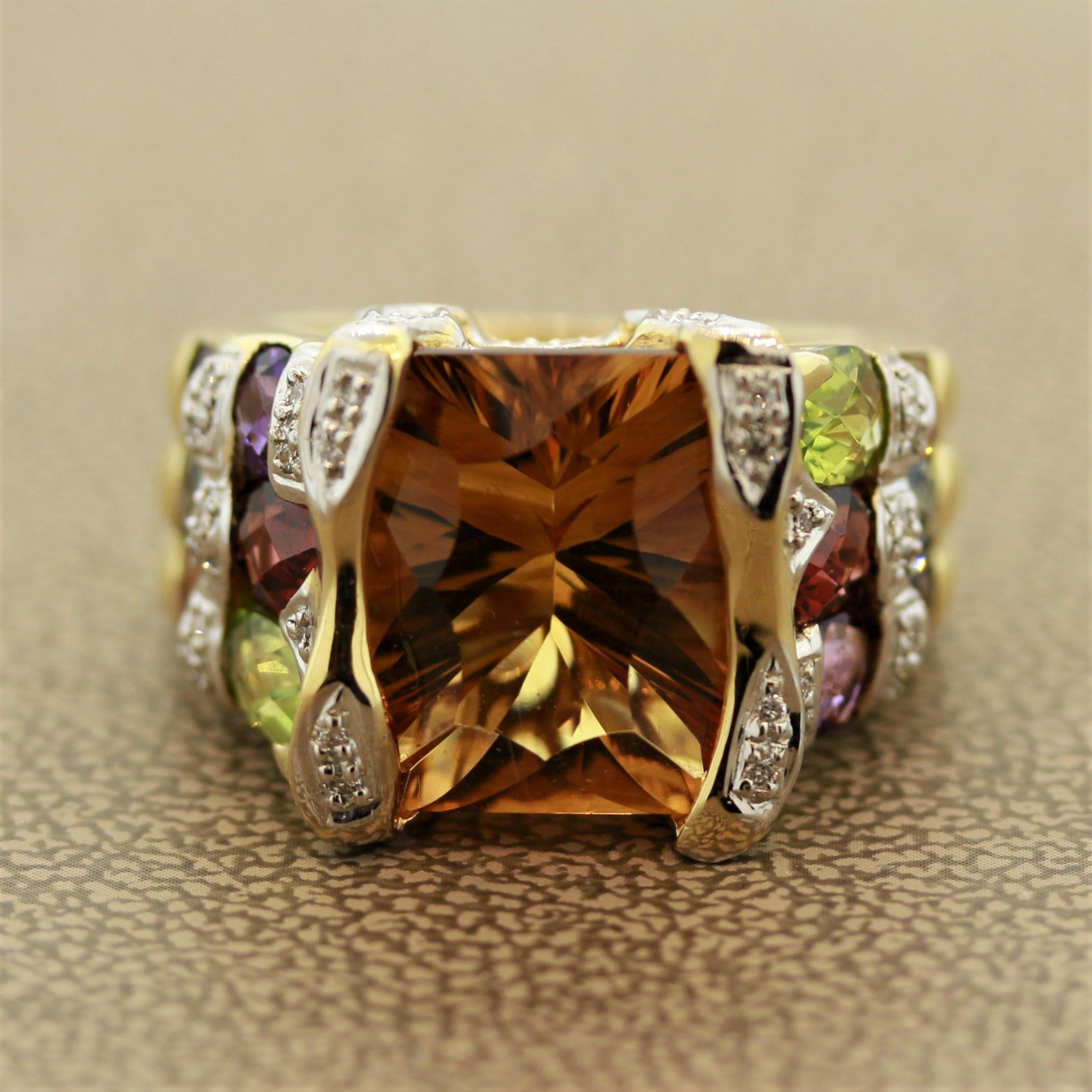 Meant to enhance and enrich the treasured moments of your life. This Bellari original piece boasts a 6.17 Carat Citrine as the center stone. Adding uniqueness to it are 4.15 carat total weight multi-color gemstones and 0.21 carat total weight