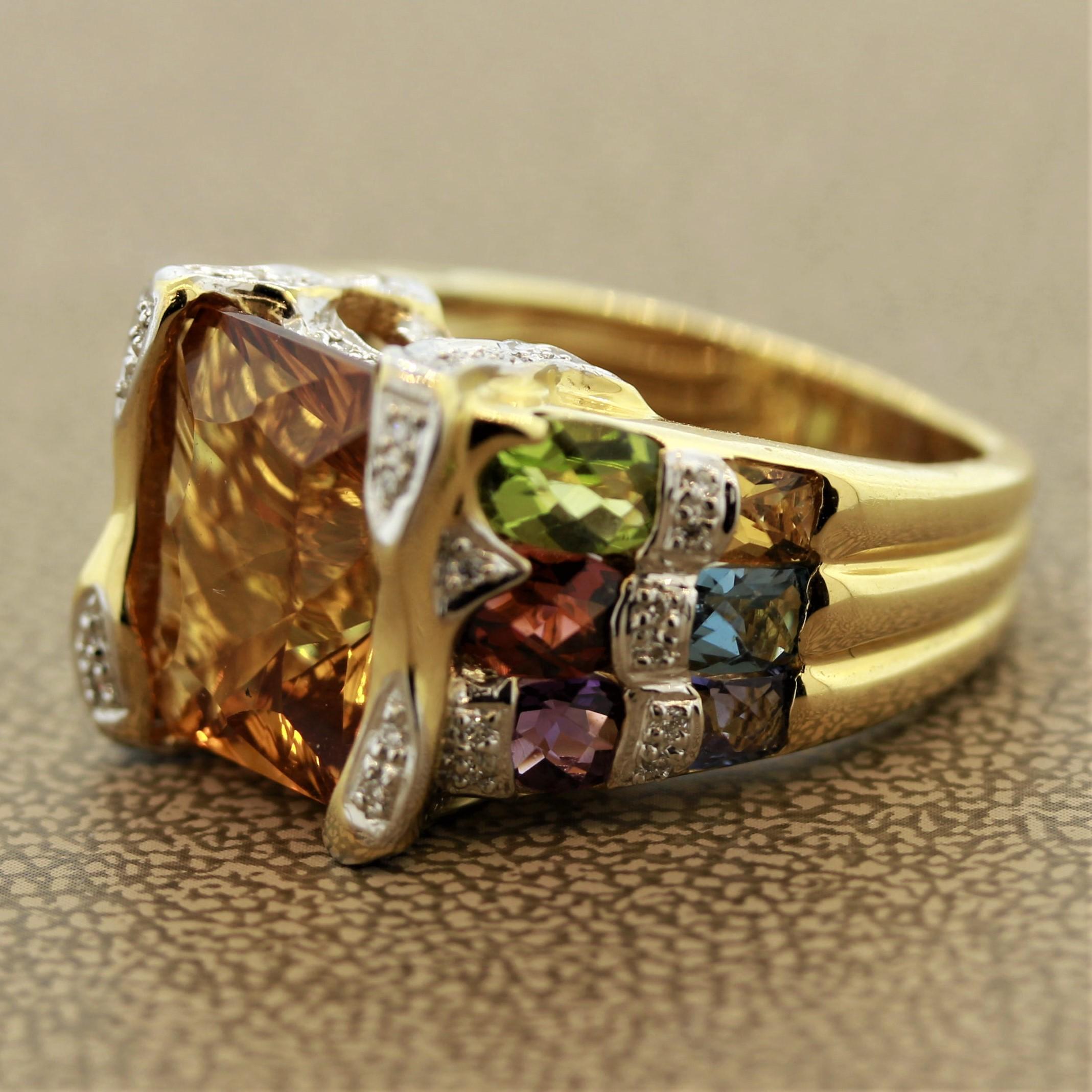 Mixed Cut Bellarri Citrine Multi-Color Gemstones Diamond Gold Ring For Sale