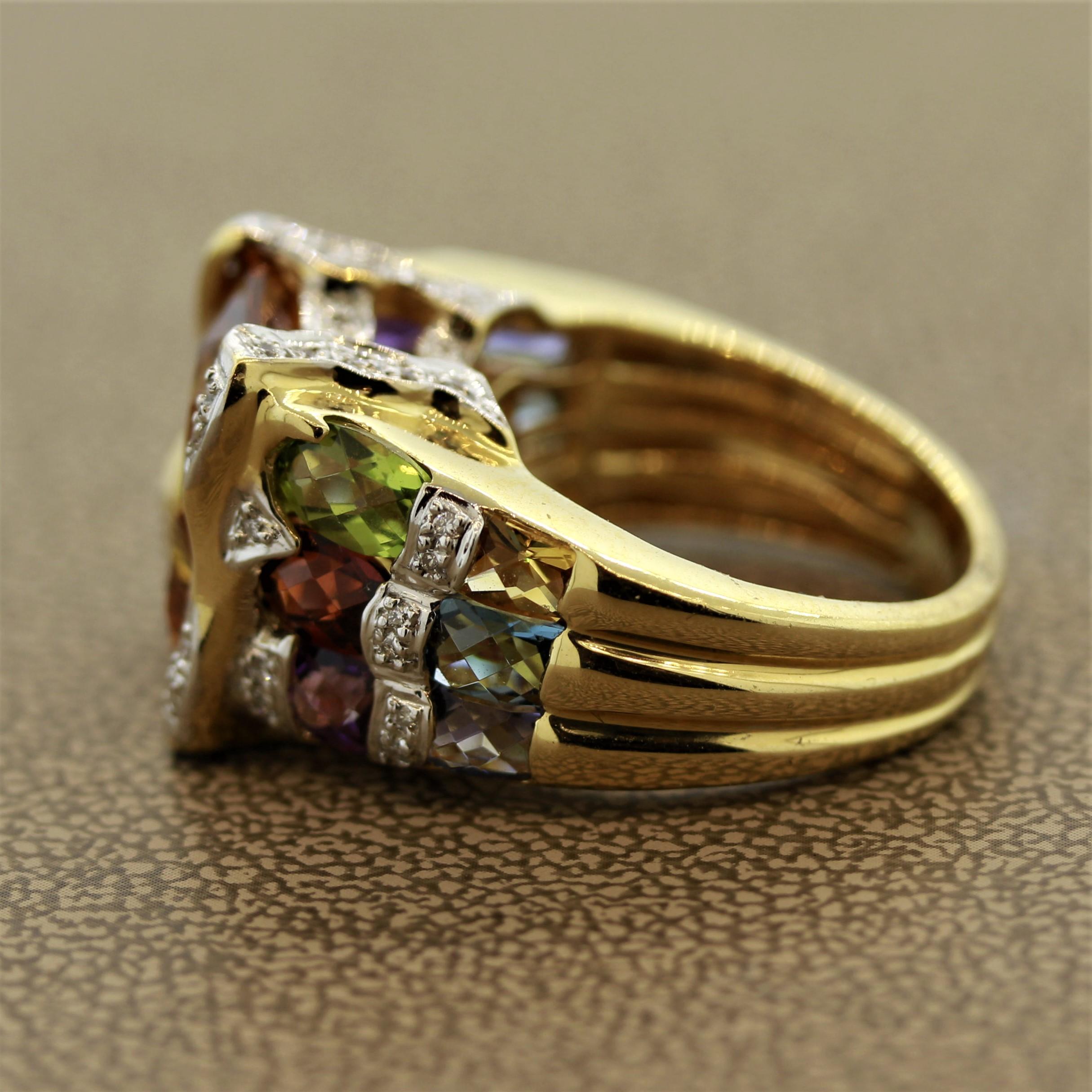 Mixed Cut Bellarri Citrine Multi-Color Gemstones Diamond Gold Ring For Sale