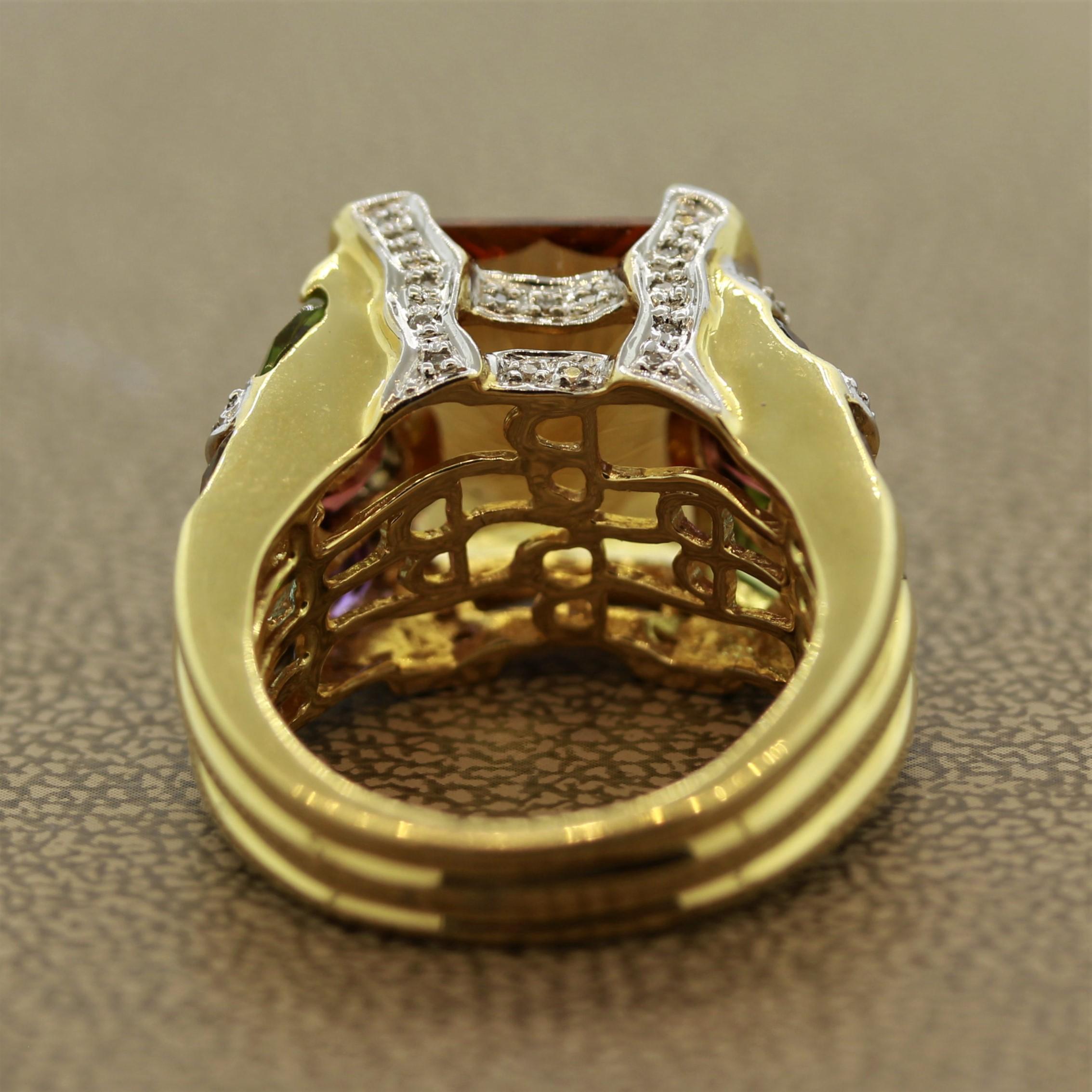 Women's Bellarri Citrine Multi-Color Gemstones Diamond Gold Ring For Sale