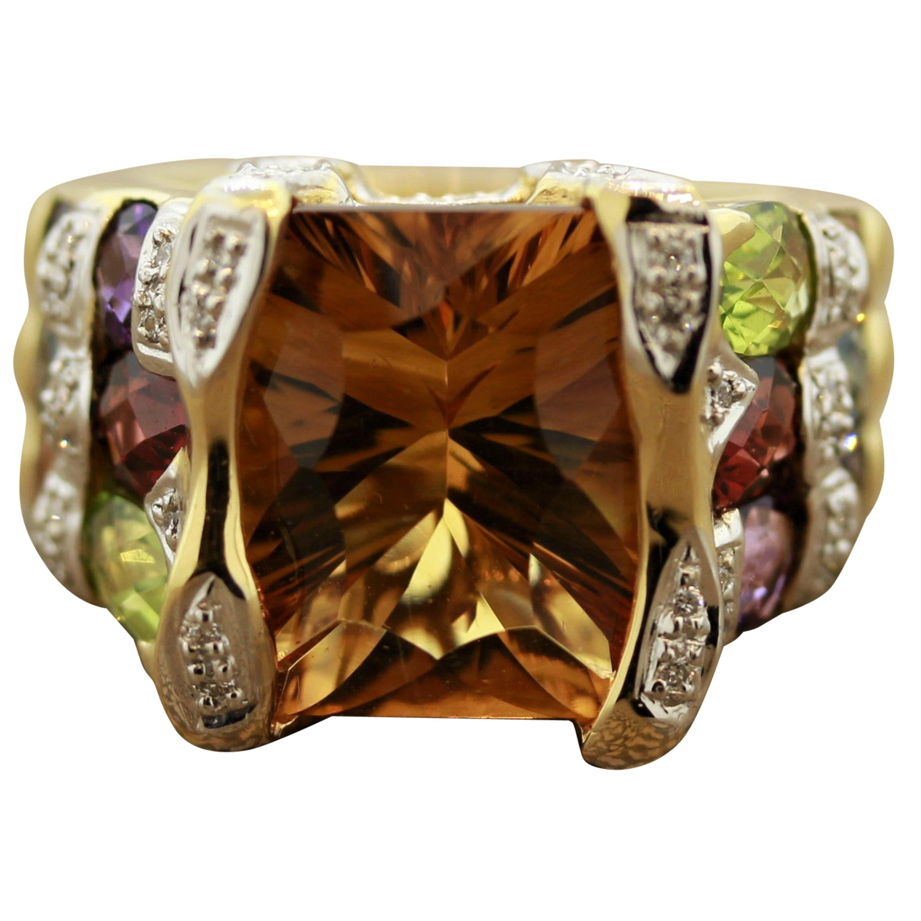 Bellarri Citrine Multi-Color Gemstones Diamond Gold Ring For Sale