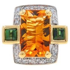 Bellarri, bague rectangulaire fantaisie en or jaune 18 carats, citrine, tourmaline, diamant, grenat et halo