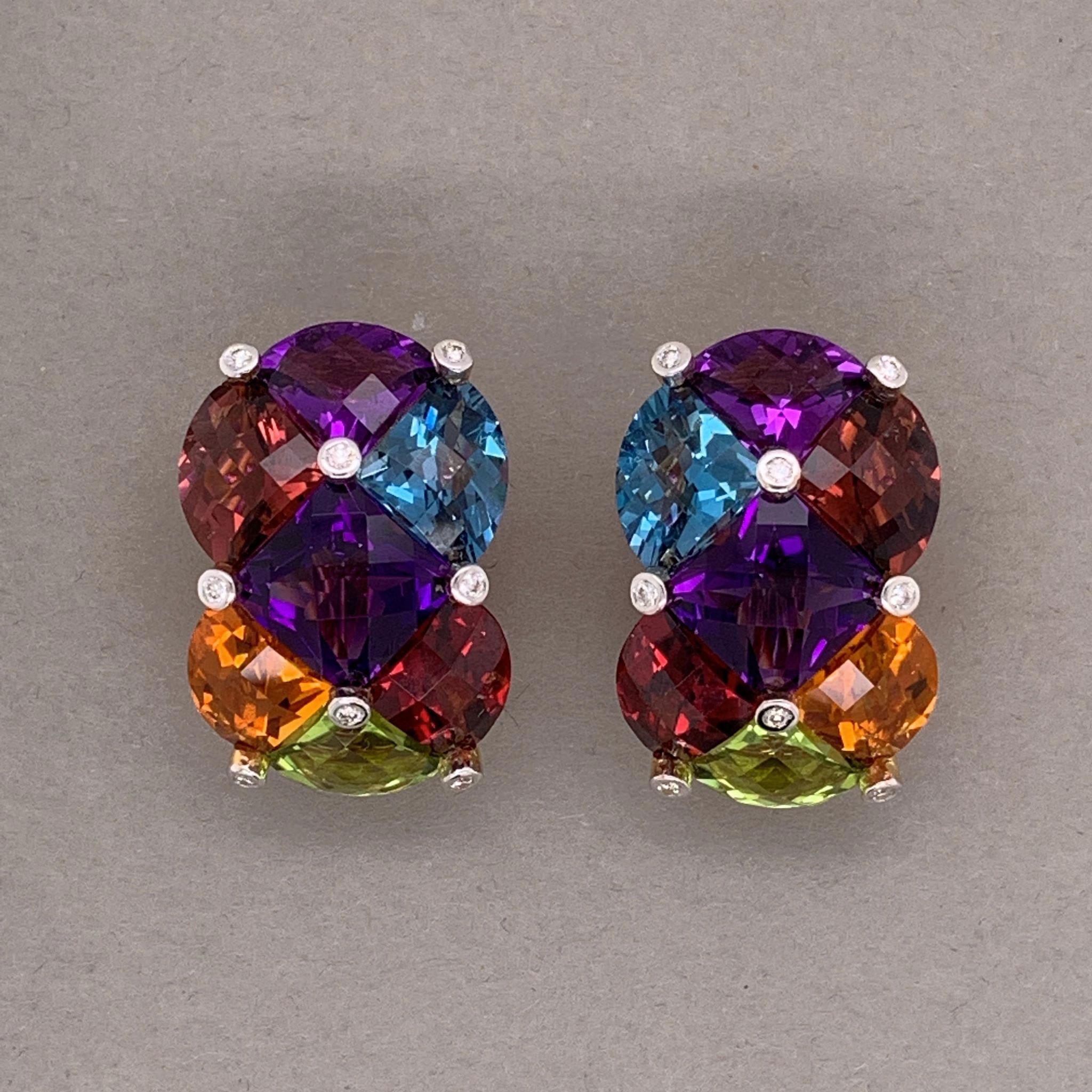 A Bellarri original, these earrings epitomize the Italian designers creativity and use of color. These earrings feature 14.71 carats of multi-colored gemstones including amethyst, topaz, citrine and peridot. They are set in 18k yellow gold with 0.12