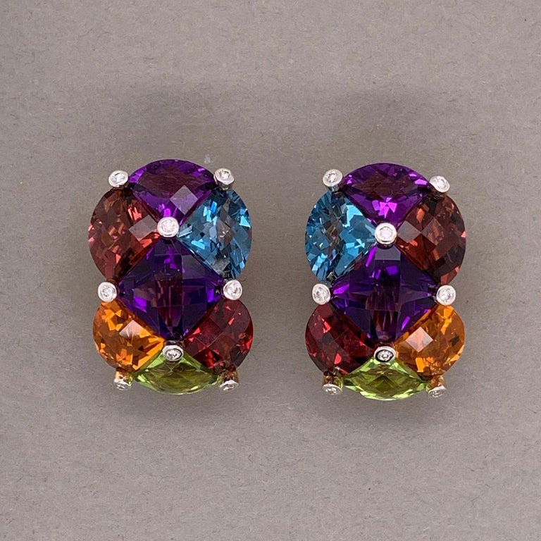 Bellarri Diamond MultiColor Gemstone Gold EarClip Earrings at 1stDibs