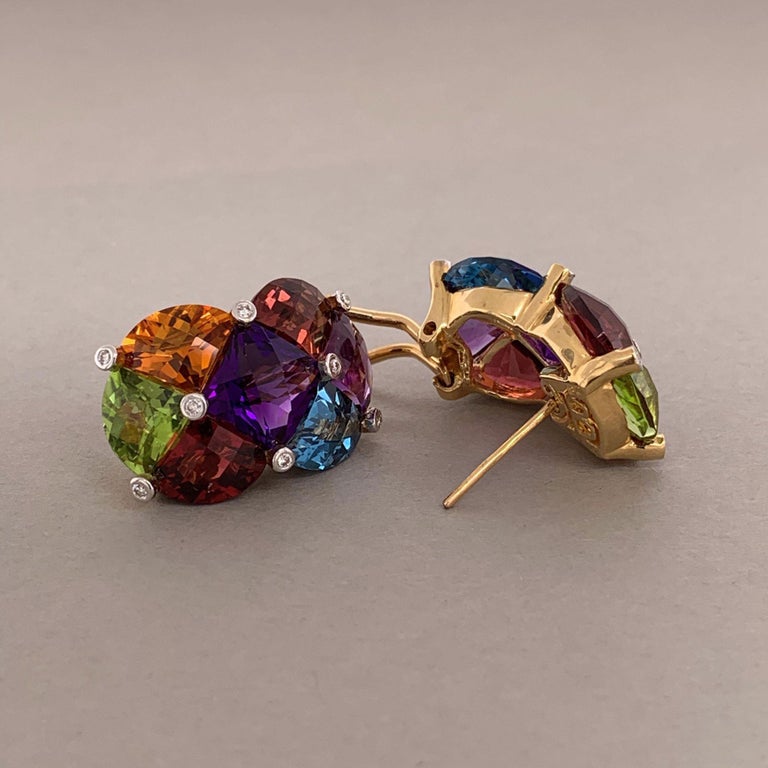 Bellarri Diamond Multi-Color Gemstone Gold Ear-Clip Earrings at 1stDibs