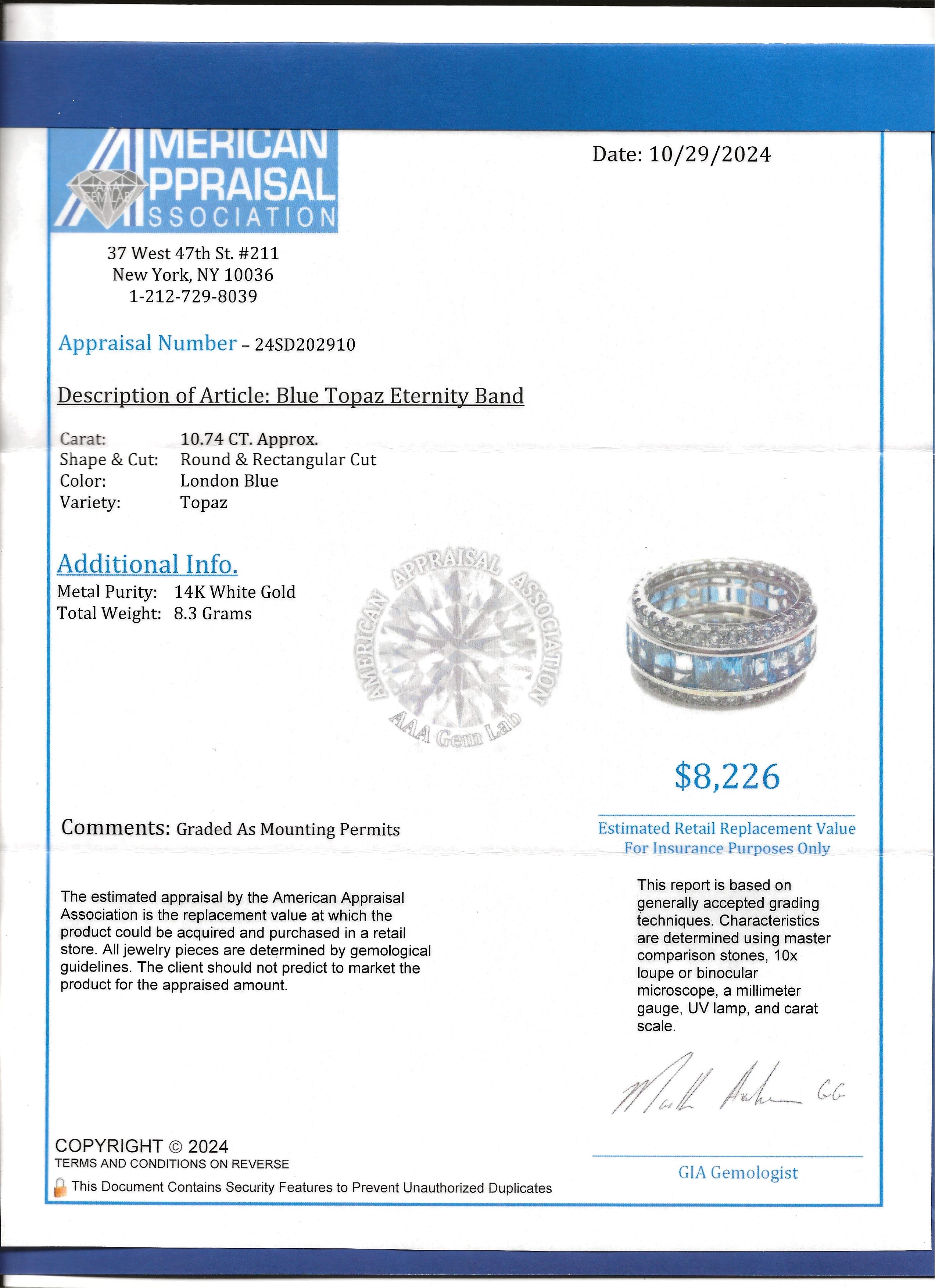 Bellarri Emerald Cut London Blue Topaz Eternity Band Ring in 14 Karat White Gold For Sale 5