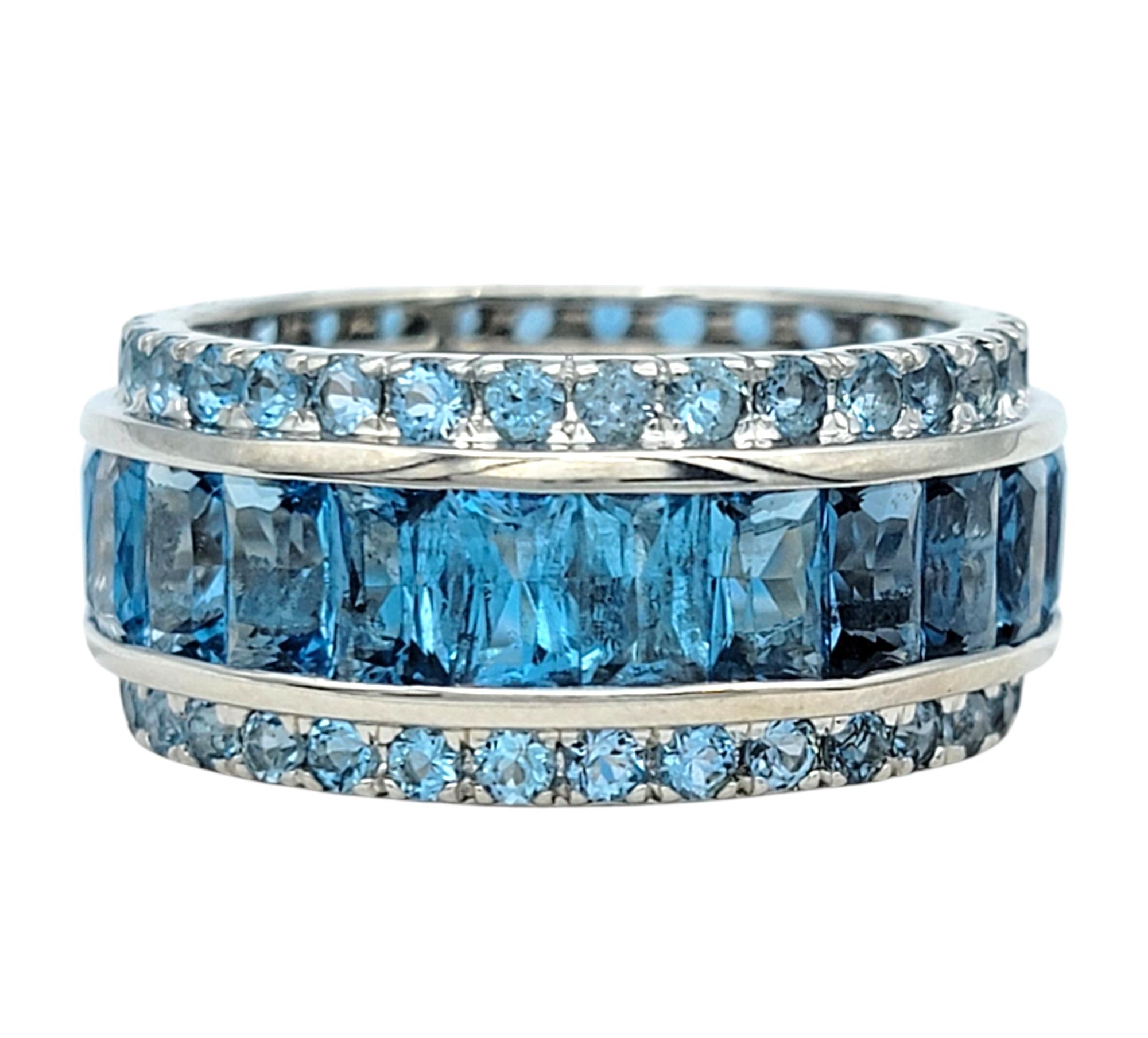 Contemporary Bellarri Emerald Cut London Blue Topaz Eternity Band Ring in 14 Karat White Gold For Sale