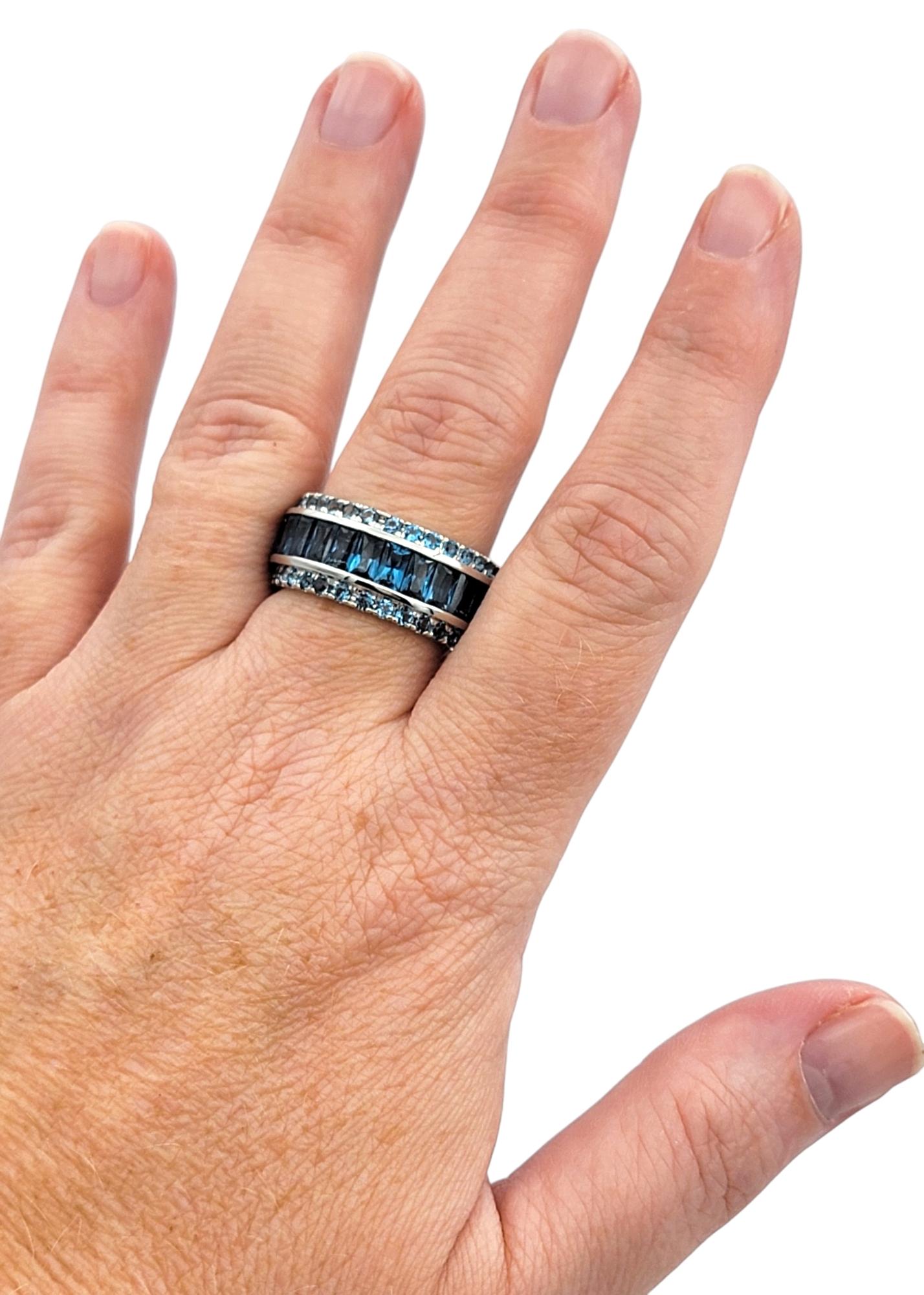 Bellarri Emerald Cut London Blue Topaz Eternity Band Ring in 14 Karat White Gold For Sale 1