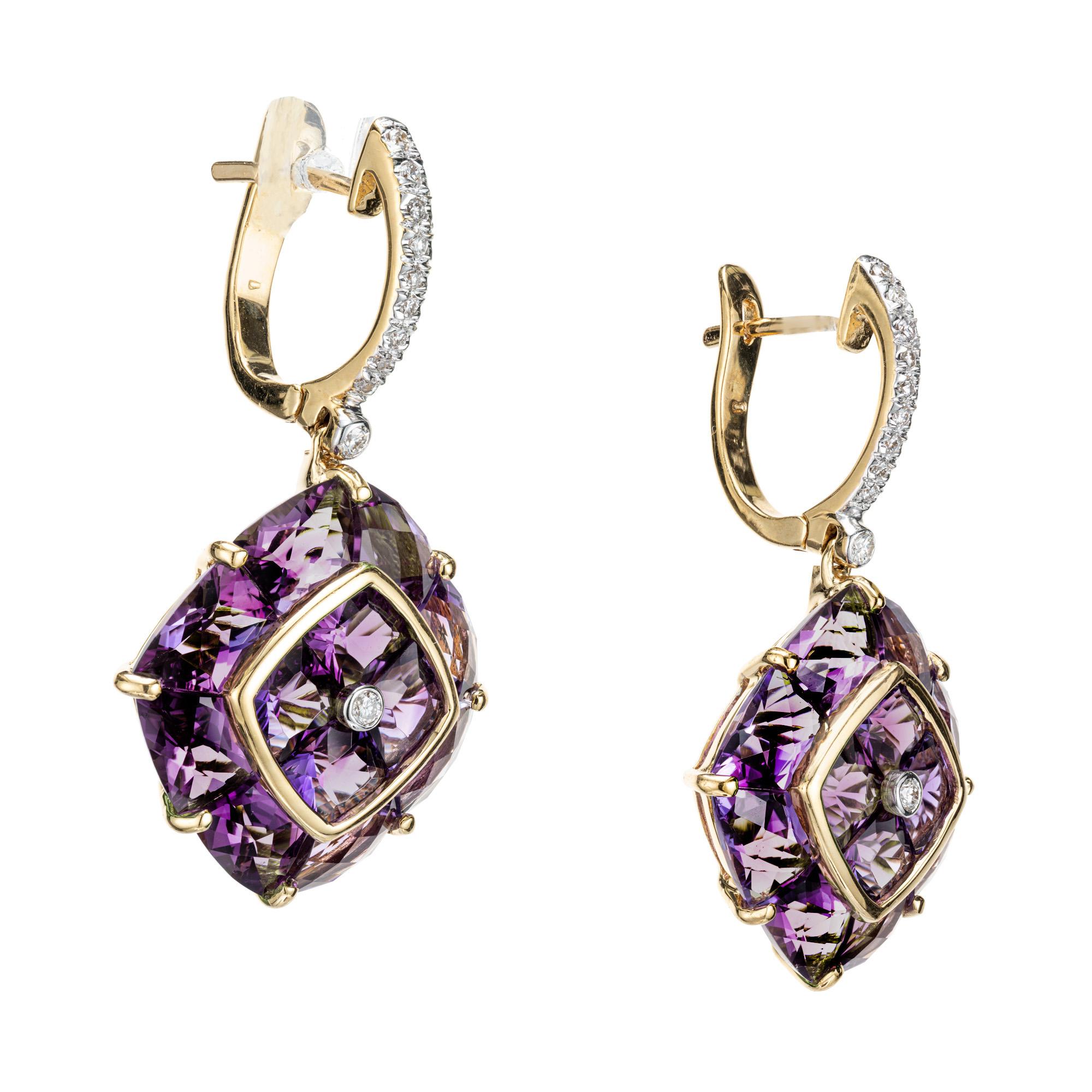 Amethyst and diamond dangle earrings from Bellarri Hava collection.  24 custom cut bright purple amethysts set in 18k yellow gold with 22 round full cut diamonds. 

24 custom cut bright purple Amethyst, approx. total weight 13.43cts, VS
22 round