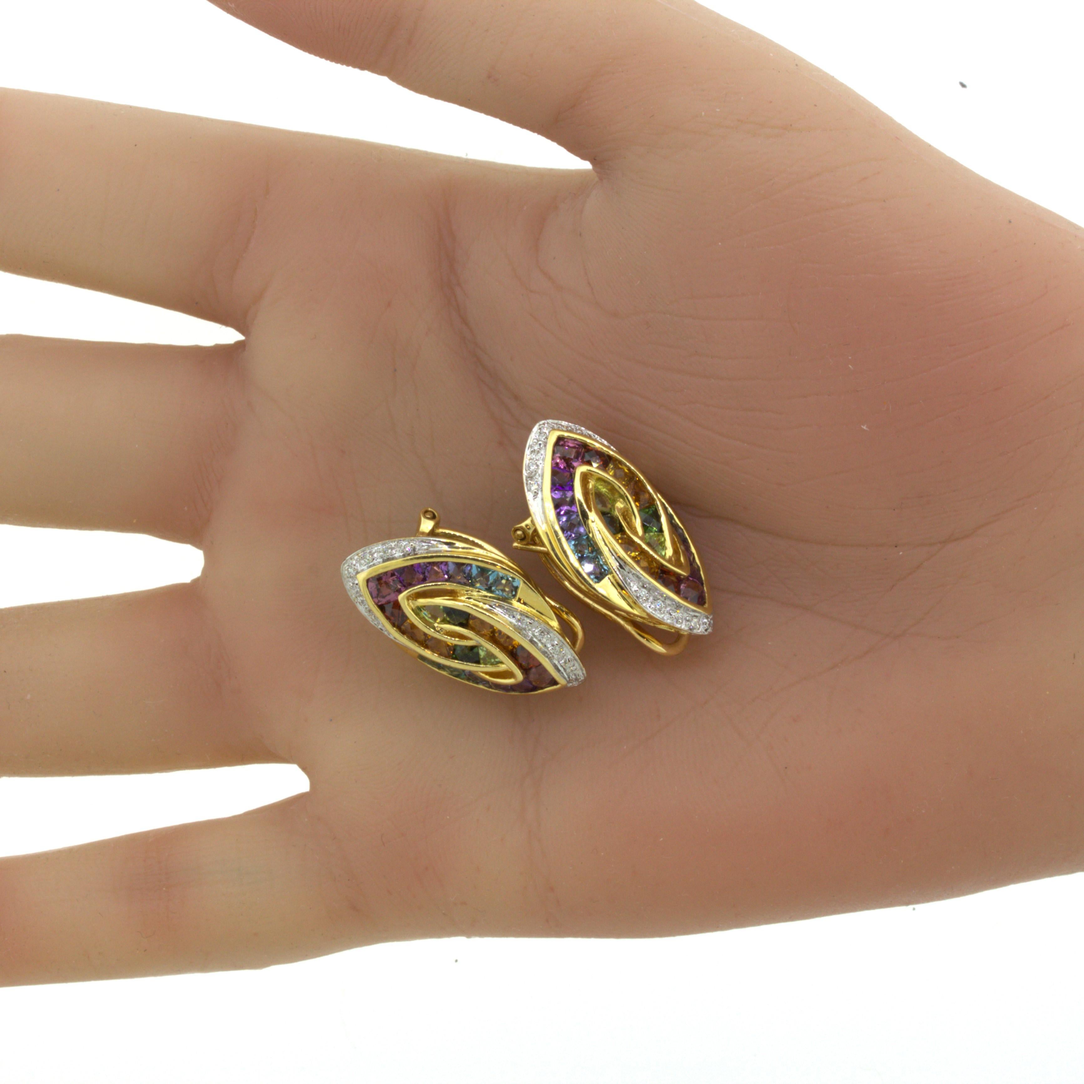 Bellarri Multi-Color Gemstone Diamond 18k Yellow Gold Earrings For Sale 4