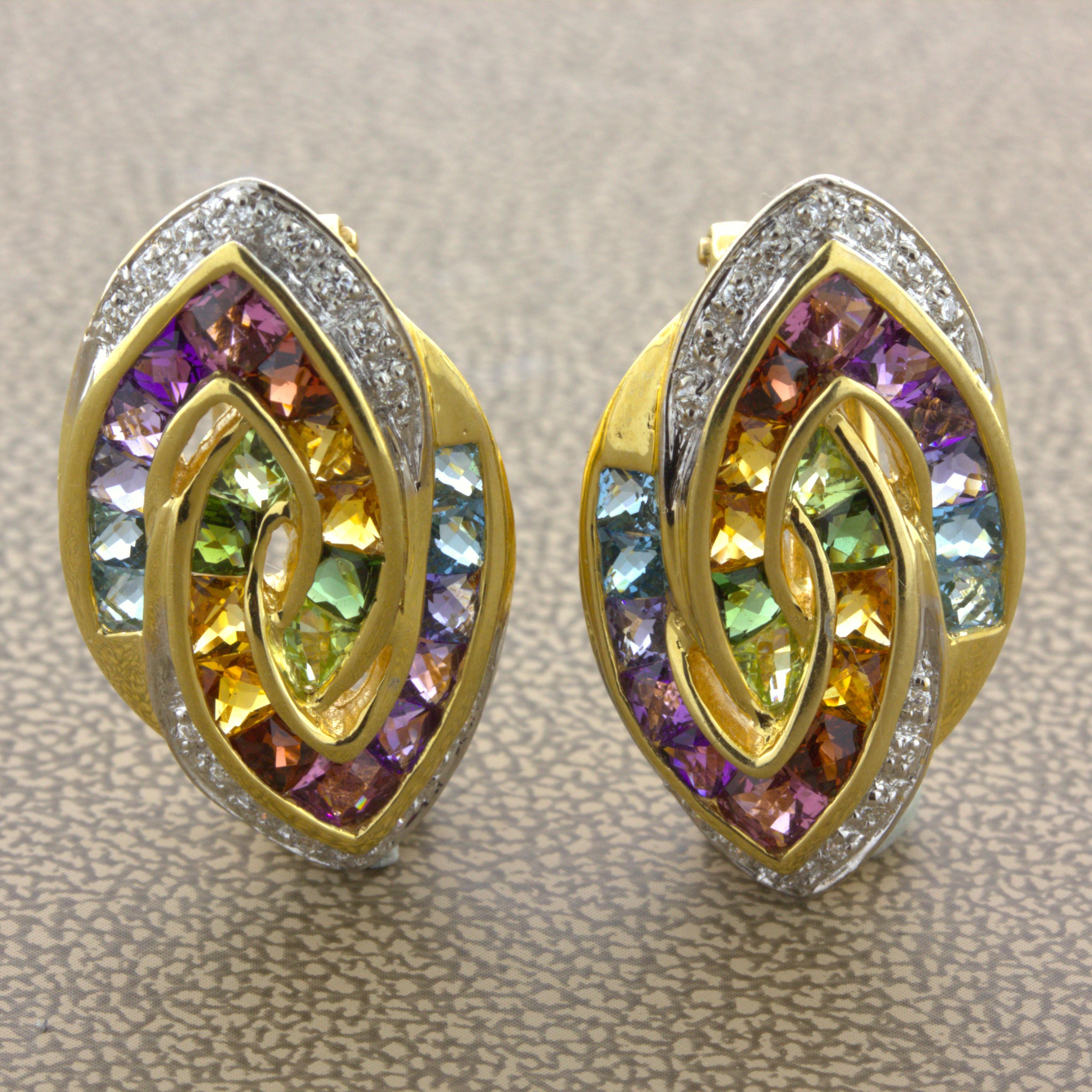 A bright and colorful pair of original Bellarri earrings! They feature 4.51 carats of multi-color gemstones that are channel-set in 18k yellow gold. The gemstones include blue topaz, amethyst, peridot, garnet, citrine, and tourmaline! They are