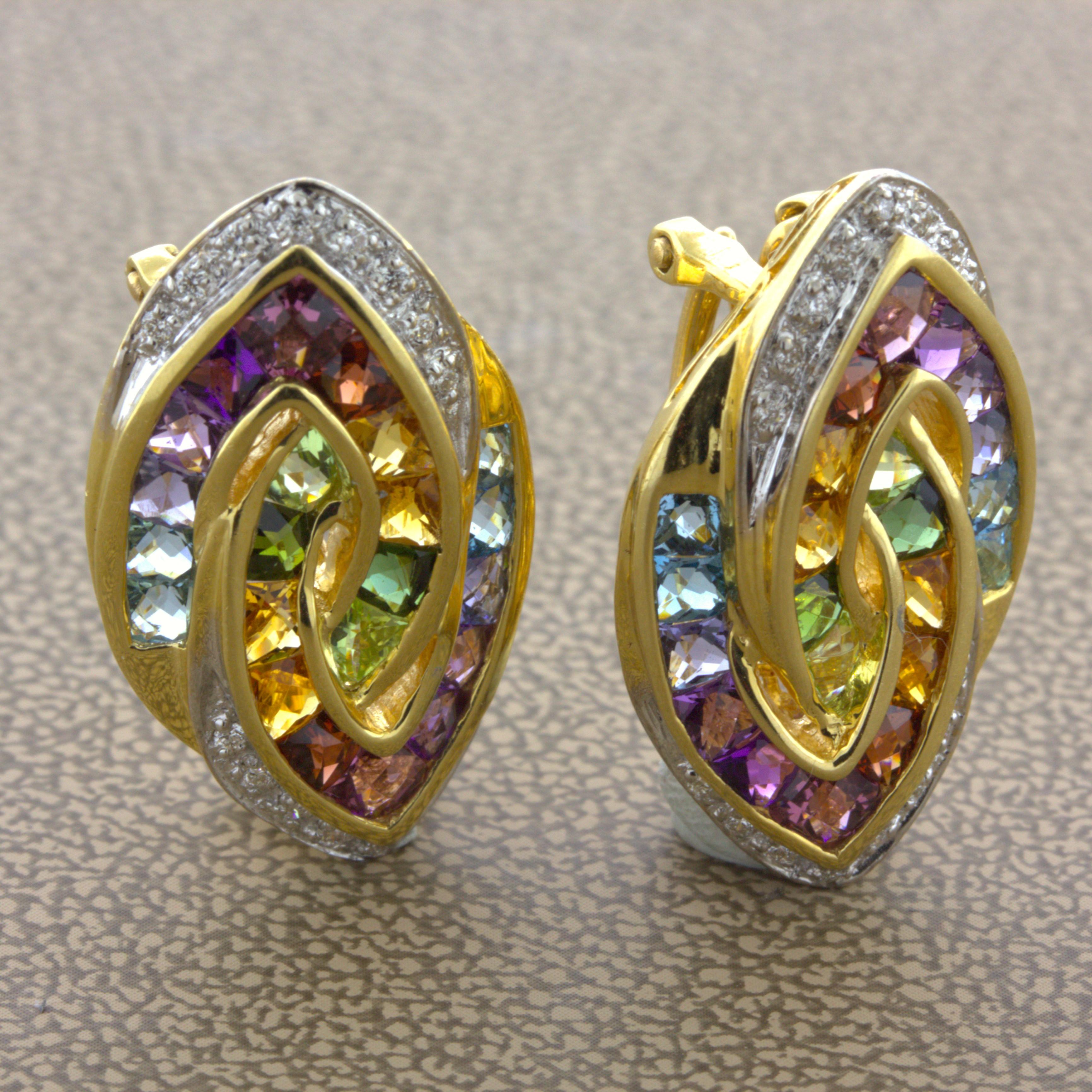 Round Cut Bellarri Multi-Color Gemstone Diamond 18k Yellow Gold Earrings For Sale