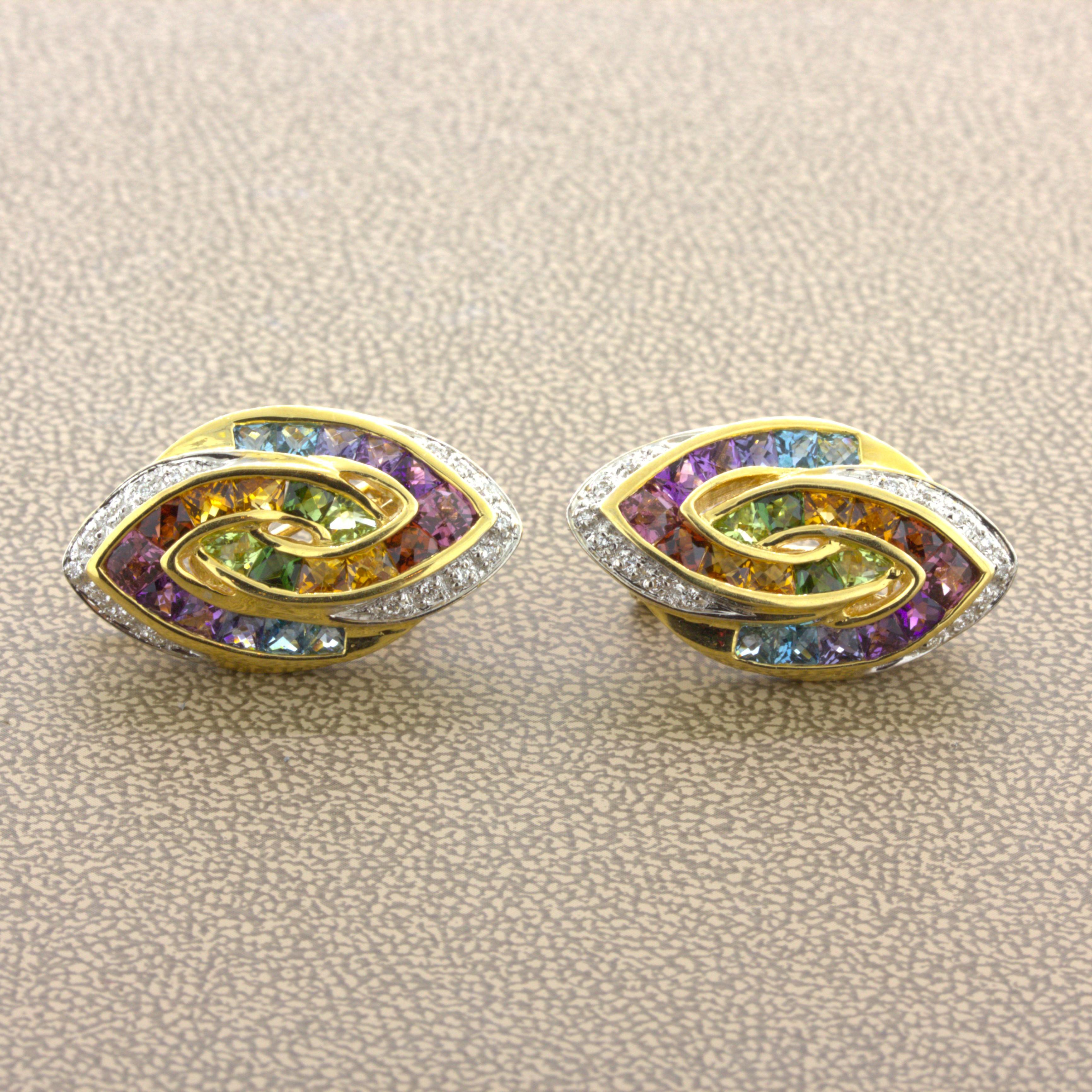 Bellarri Multi-Color Gemstone Diamond 18k Yellow Gold Earrings In New Condition For Sale In Beverly Hills, CA