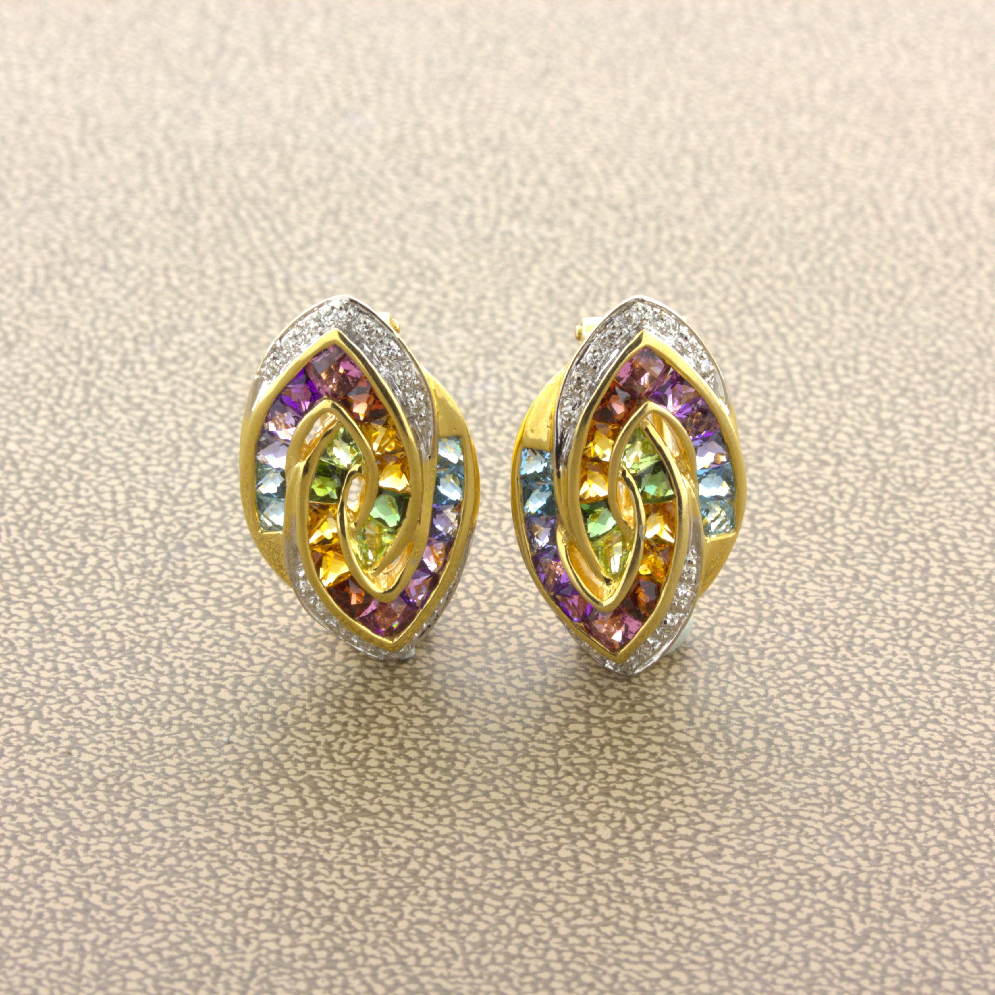 Women's Bellarri Multi-Color Gemstone Diamond 18k Yellow Gold Earrings For Sale