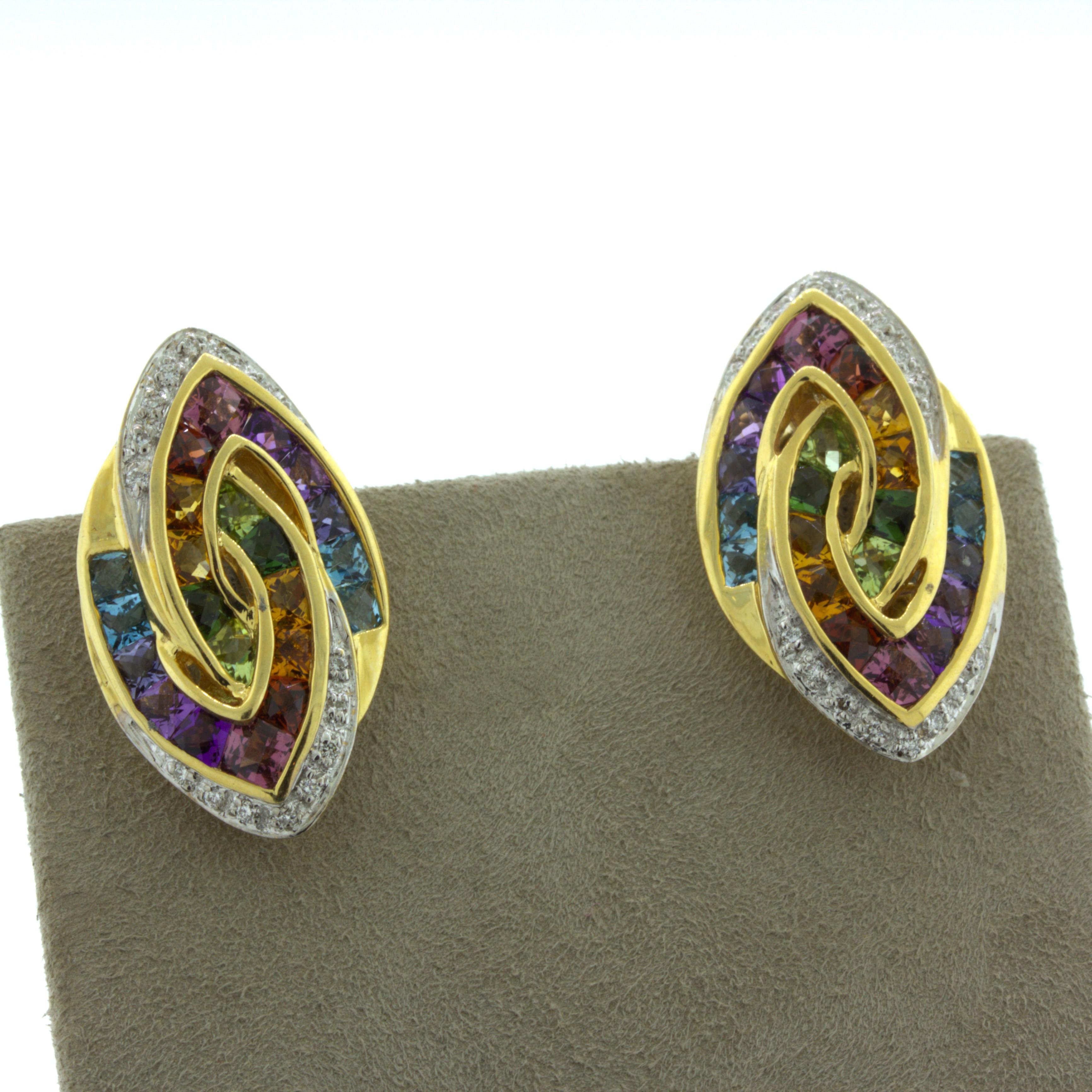 Bellarri Multi-Color Gemstone Diamond 18k Yellow Gold Earrings For Sale 1