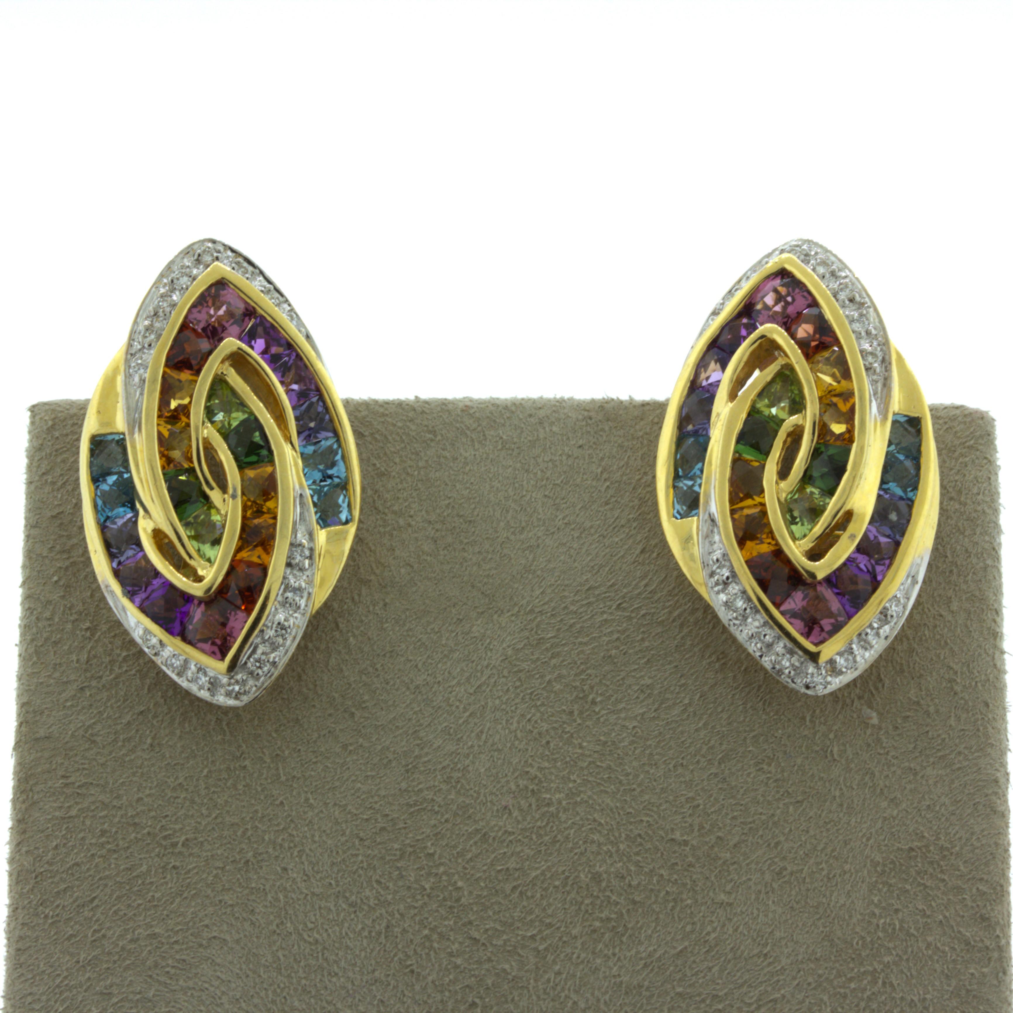 Bellarri Multi-Color Gemstone Diamond 18k Yellow Gold Earrings For Sale 2