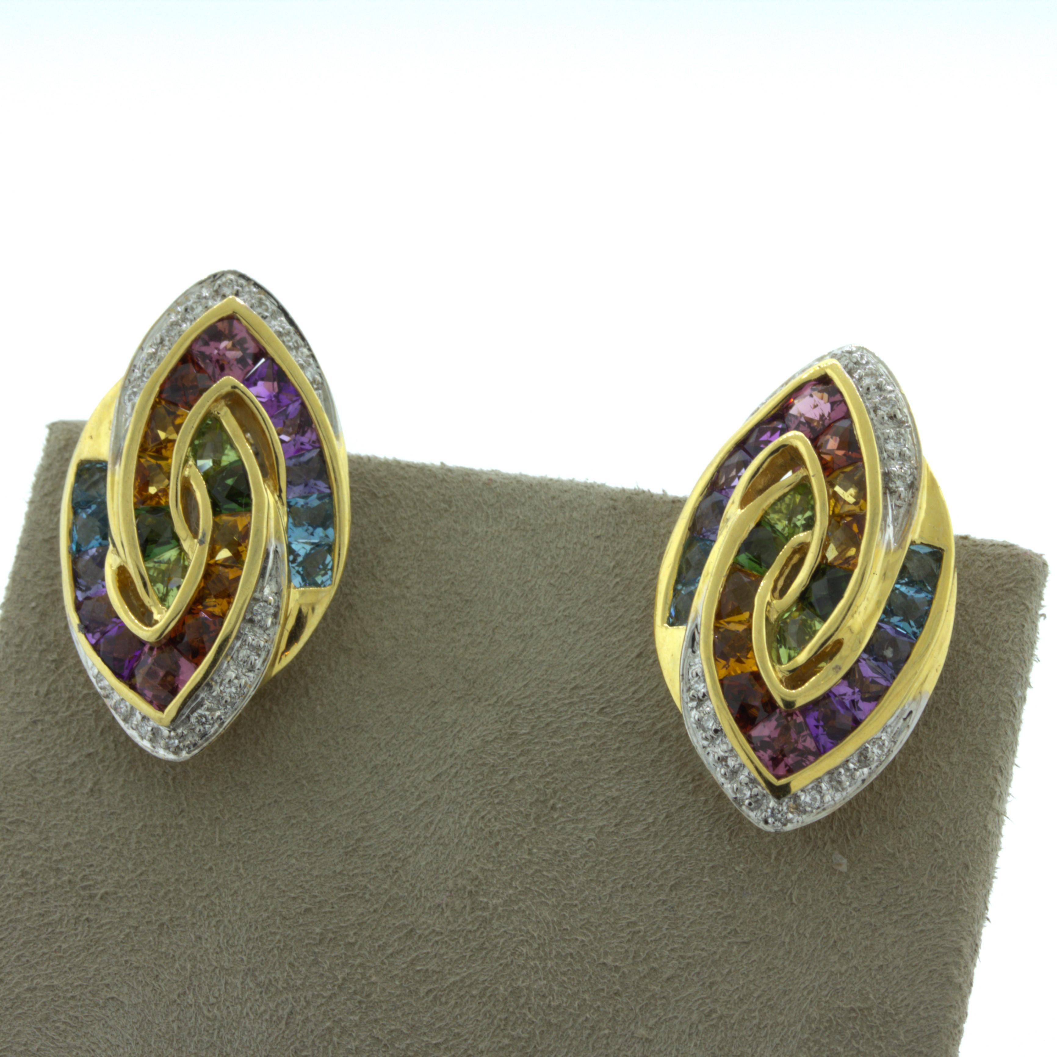 Bellarri Multi-Color Gemstone Diamond 18k Yellow Gold Earrings For Sale 3