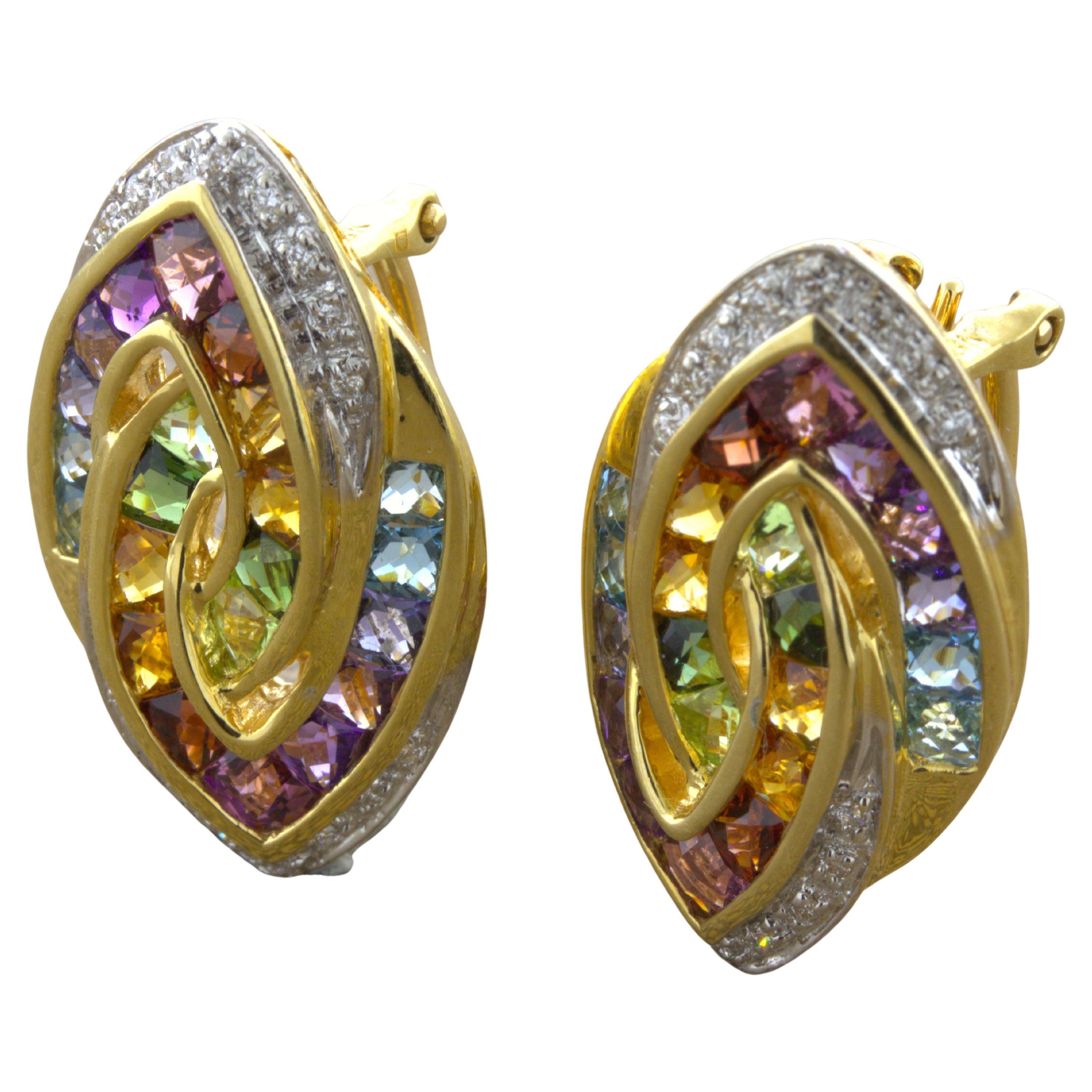 Bellarri Multi-Color Gemstone Diamond 18k Yellow Gold Earrings For Sale