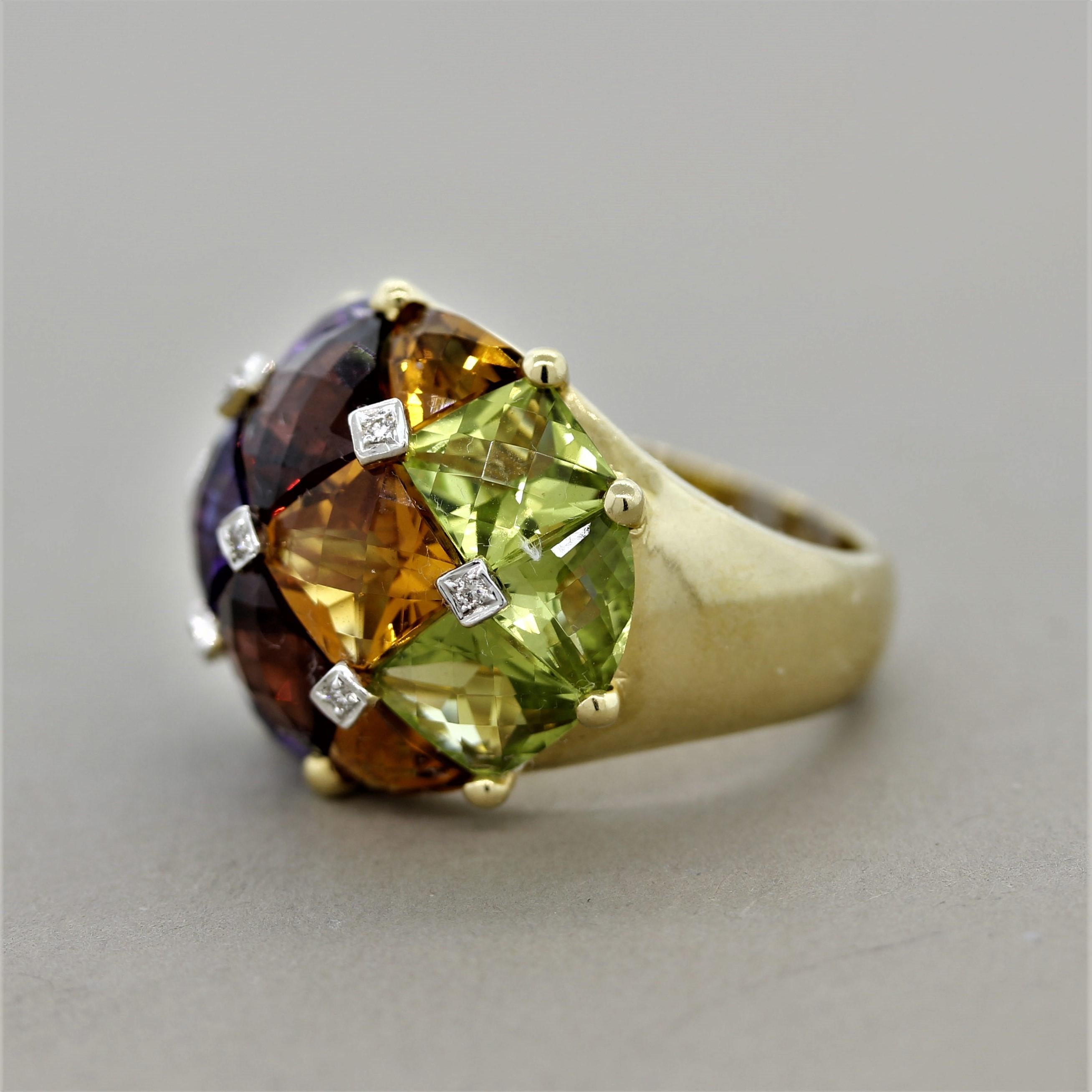 Mixed Cut Bellarri Multi-Color Gemstone Diamond Gold Domed Ring