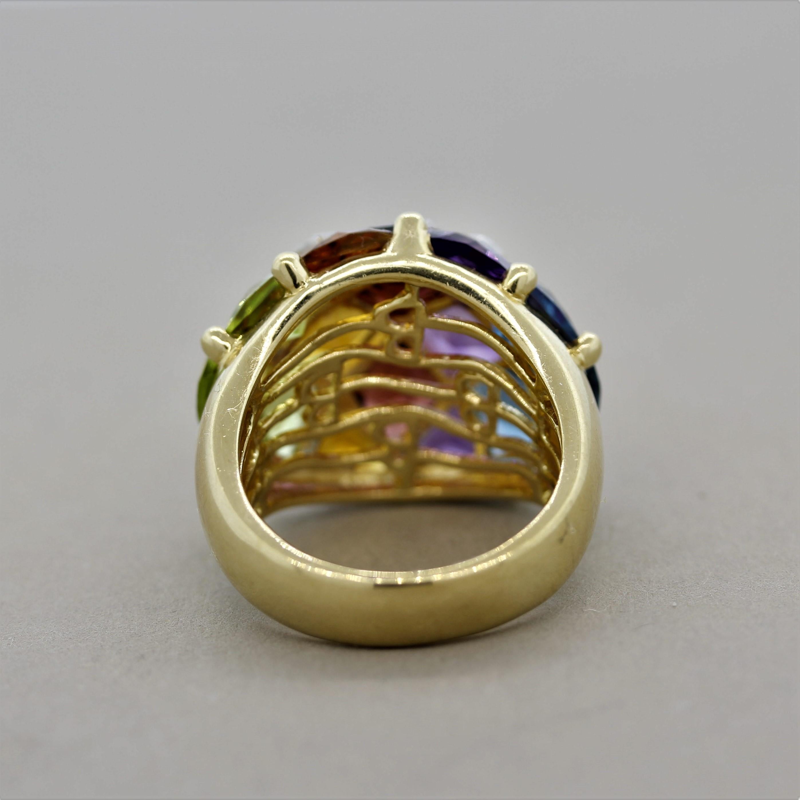 Bellarri Multi-Color Gemstone Diamond Gold Domed Ring In New Condition In Beverly Hills, CA