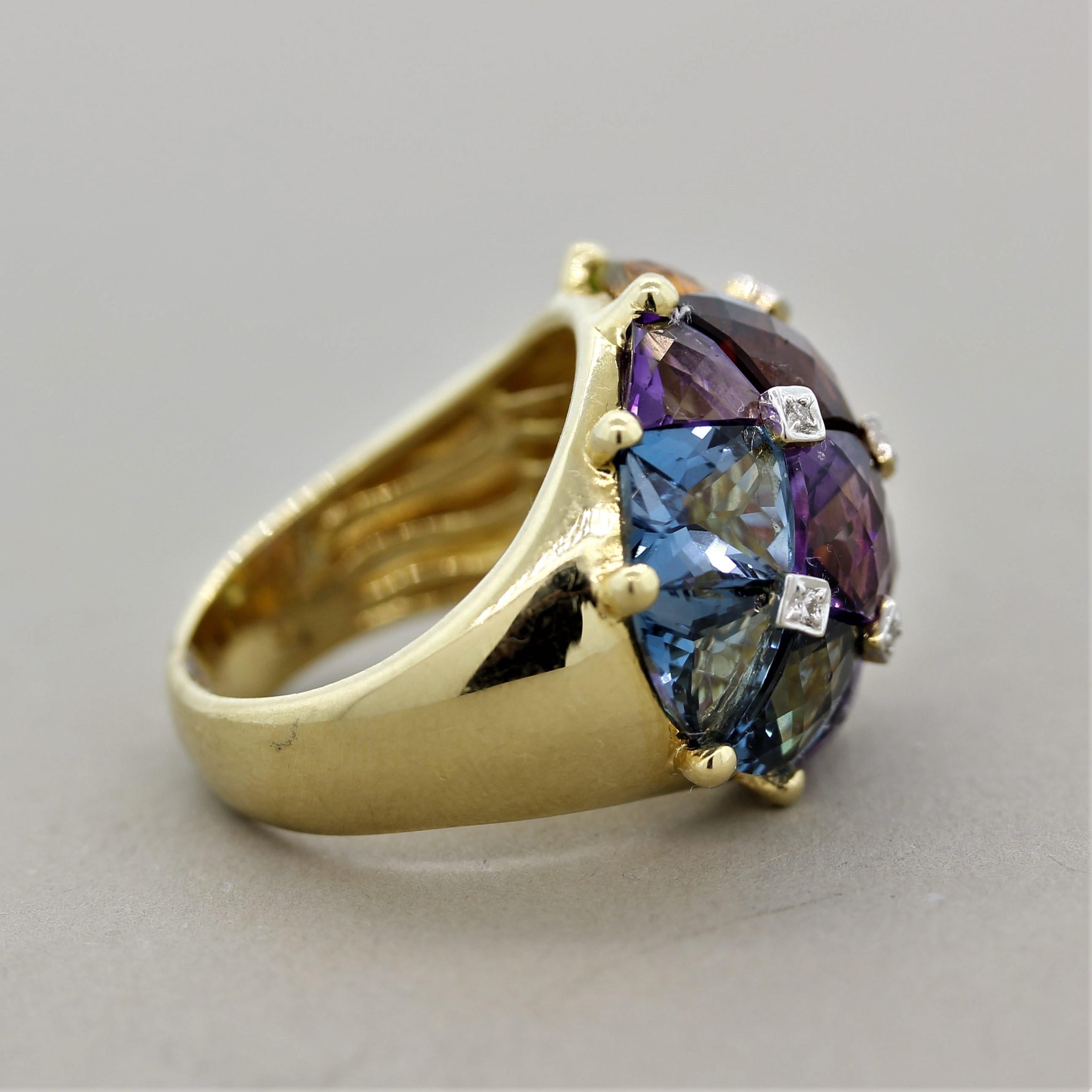 Women's or Men's Bellarri Multi-Color Gemstone Diamond Gold Domed Ring