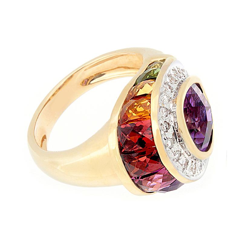 A classic Bellarri ring with its signature multi colored gemstone style. 4.36 carats of amethyst, topaz, citrine and garnet create a lovely display of color. There are also 0.20 carats of round cut diamonds.  The diamonds are set in 18K white gold,