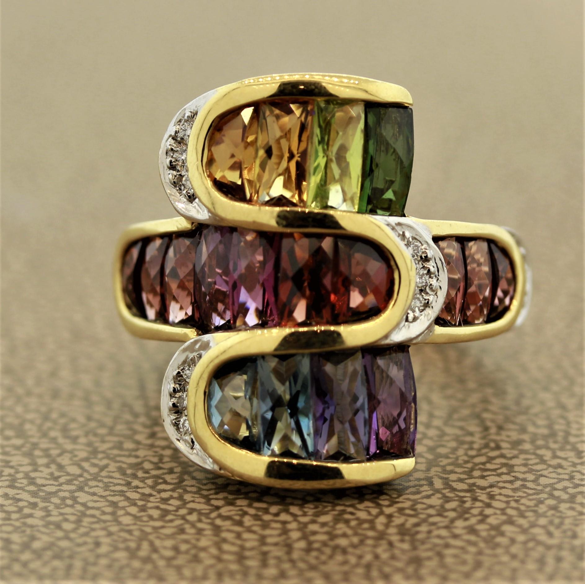 A stunning ring by Italian designer Bellarri. This piece features a total of 7.08 carats of multi-colored natural gemstones which include amethyst, topaz, tourmaline, citrine, garnet, and peridot: a rainbow of colors! The colored stones are accented