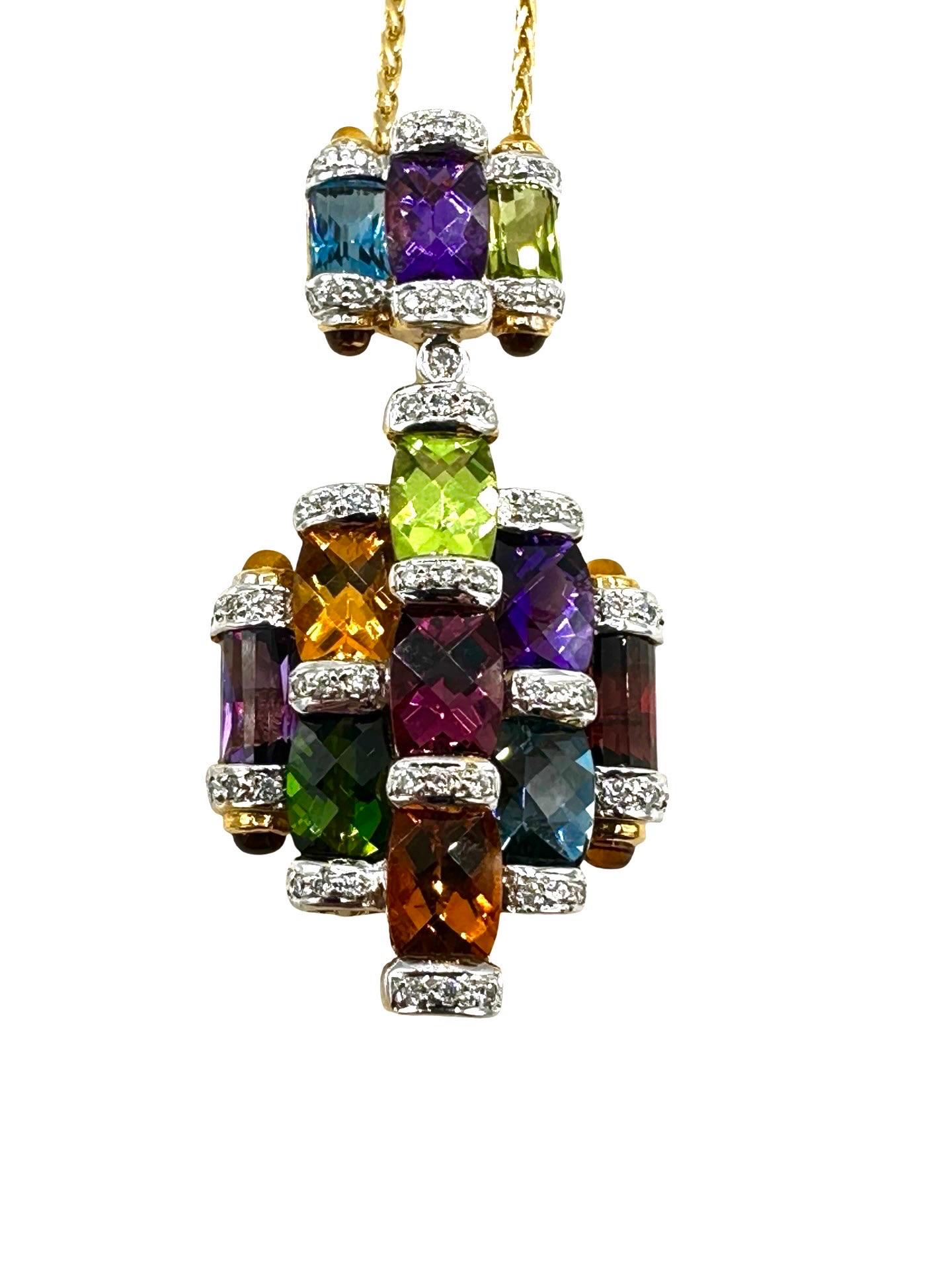 This super bright and colorful pendant necklace is amazing!  Designed by Bellarri, this pendant contains pillow cut gemstones of Peridot, Amethyst, Blue Topaz, Citrine, Garnet and Tourmaline.  Each stone is set between white gold bars containing