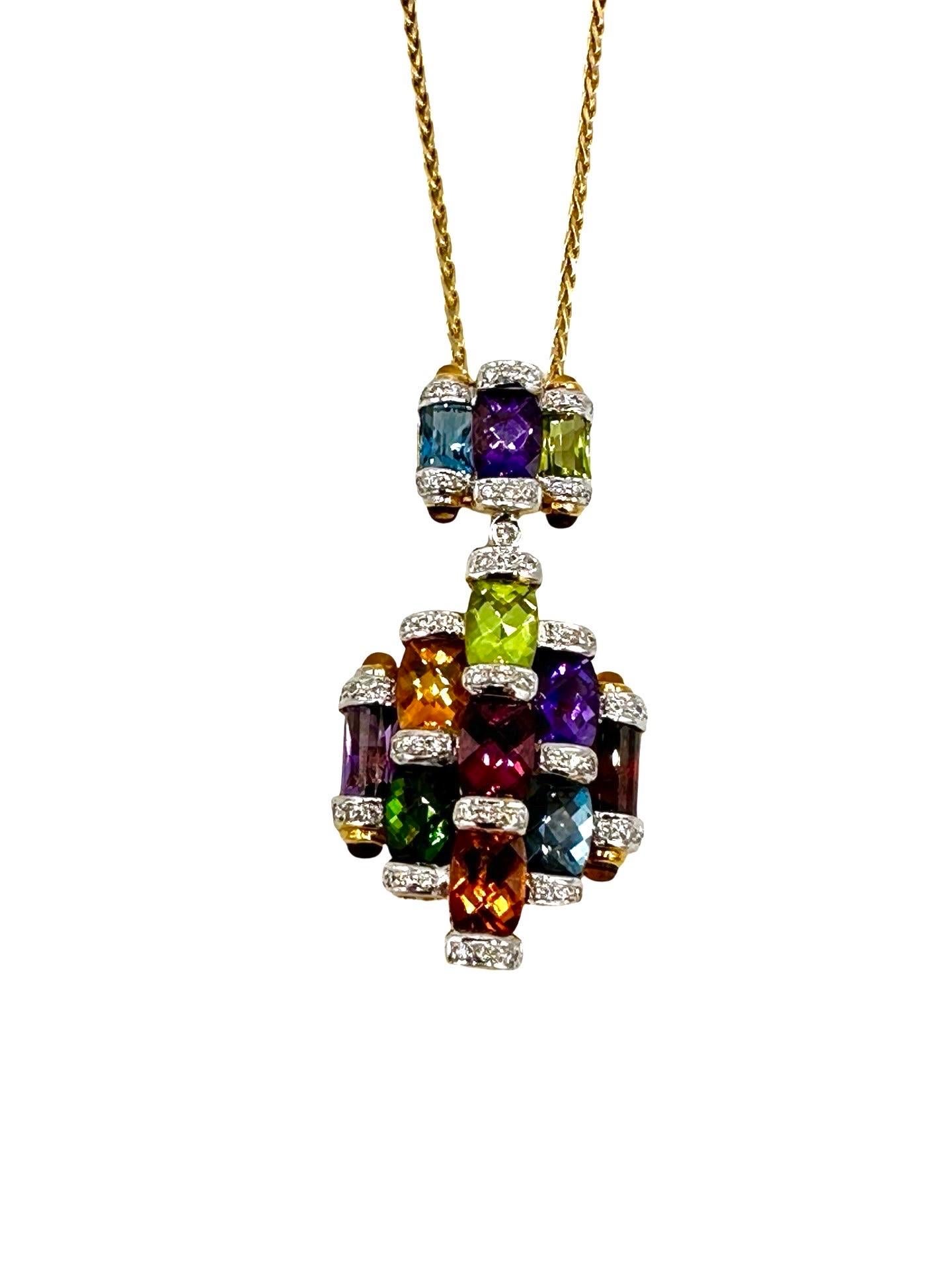 Modern Bellarri Multi Gemstone and Diamond 18K Yellow Gold Pendant Necklace For Sale