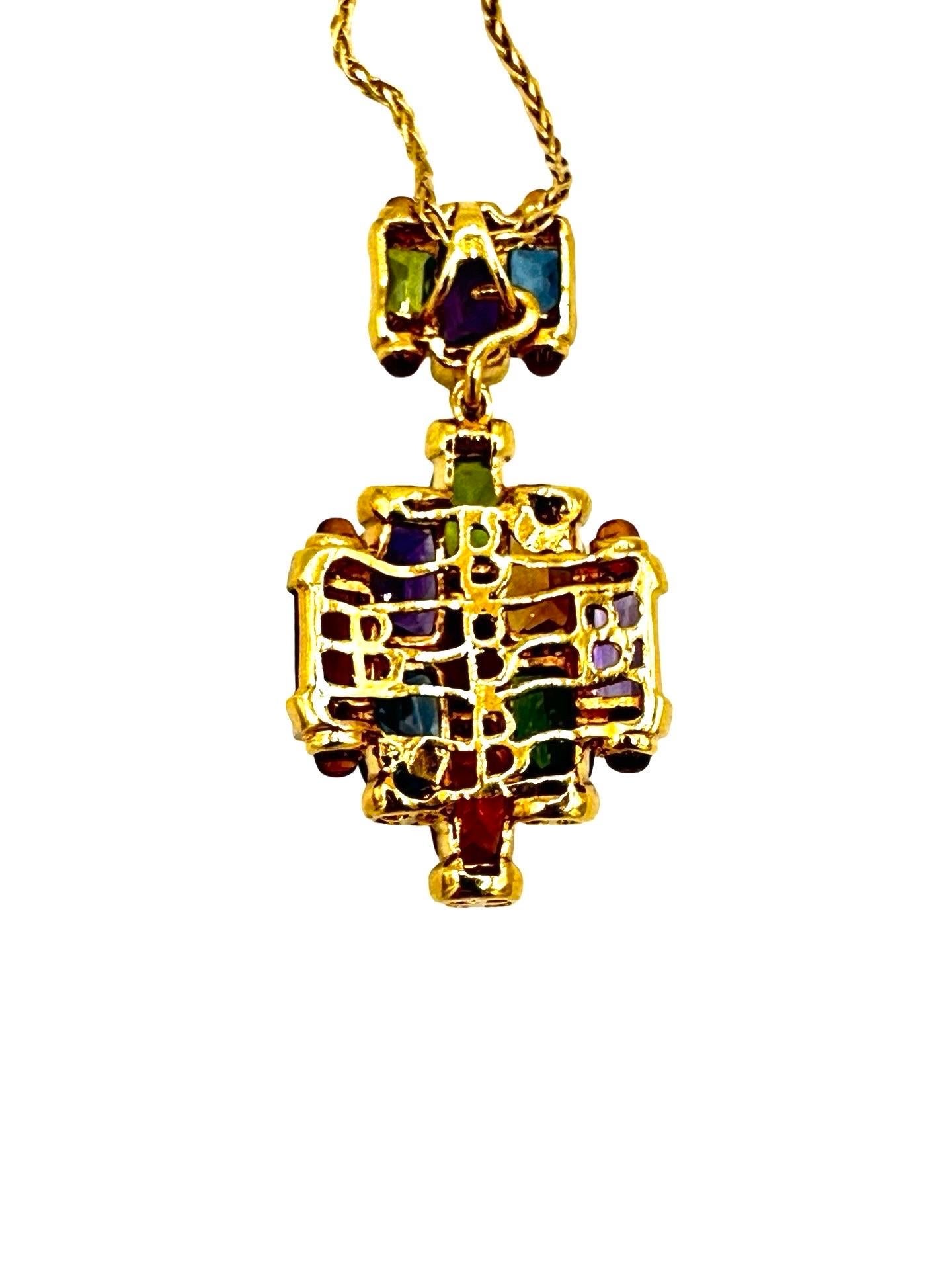 Mixed Cut Bellarri Multi Gemstone and Diamond 18K Yellow Gold Pendant Necklace For Sale