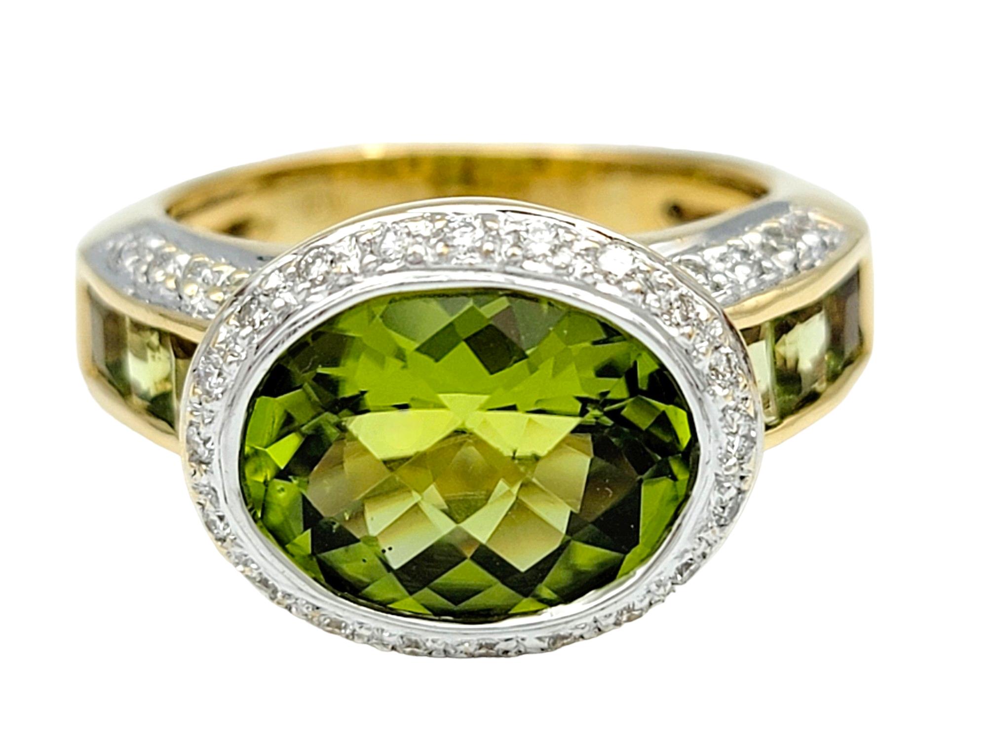 Contemporary Bellarri Oval Cut Peridot and Pavé Diamond Ring Set in 18 Karat Yellow Gold For Sale