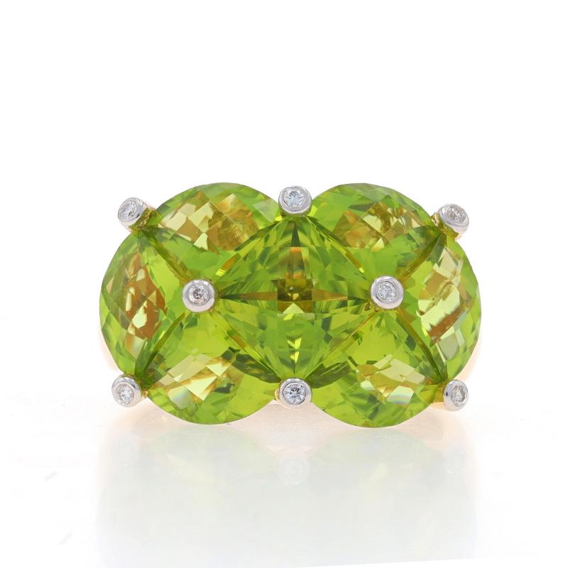 Size: 8
Sizing Fee: Down 1/2 a size for $50

Brand: Bellarri

Metal Content: 18k Yellow Gold & 18k White Gold

Stone Information
Natural Peridot
Carat(s): 6.78ctw
Cut: Square Checkerboard & Pie Cut Checkerboard
Color: Green

Natural